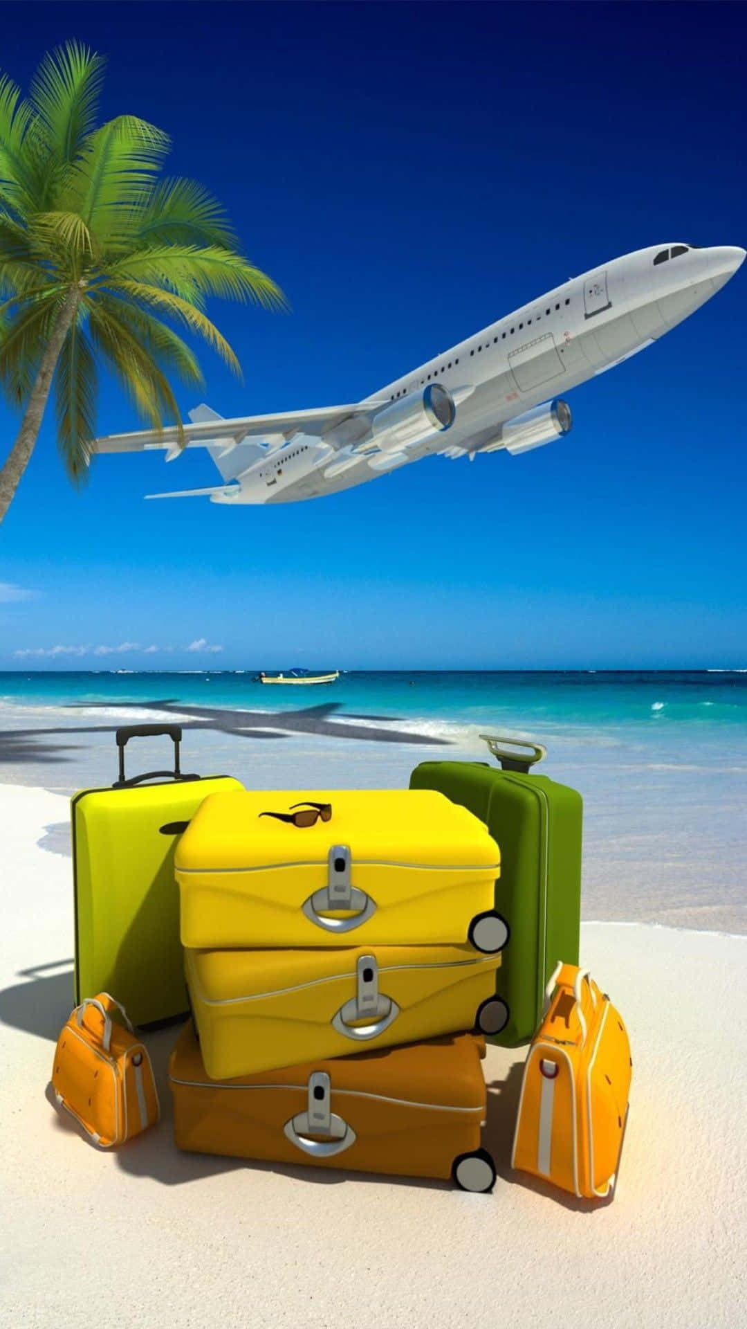 Beach Bag 桌布 壁紙 — 鮮豔的黃色、綠色和橙色行李箱堆疊在熱帶海灘上，藍天白雲，有飛機飛過和棕櫚樹。