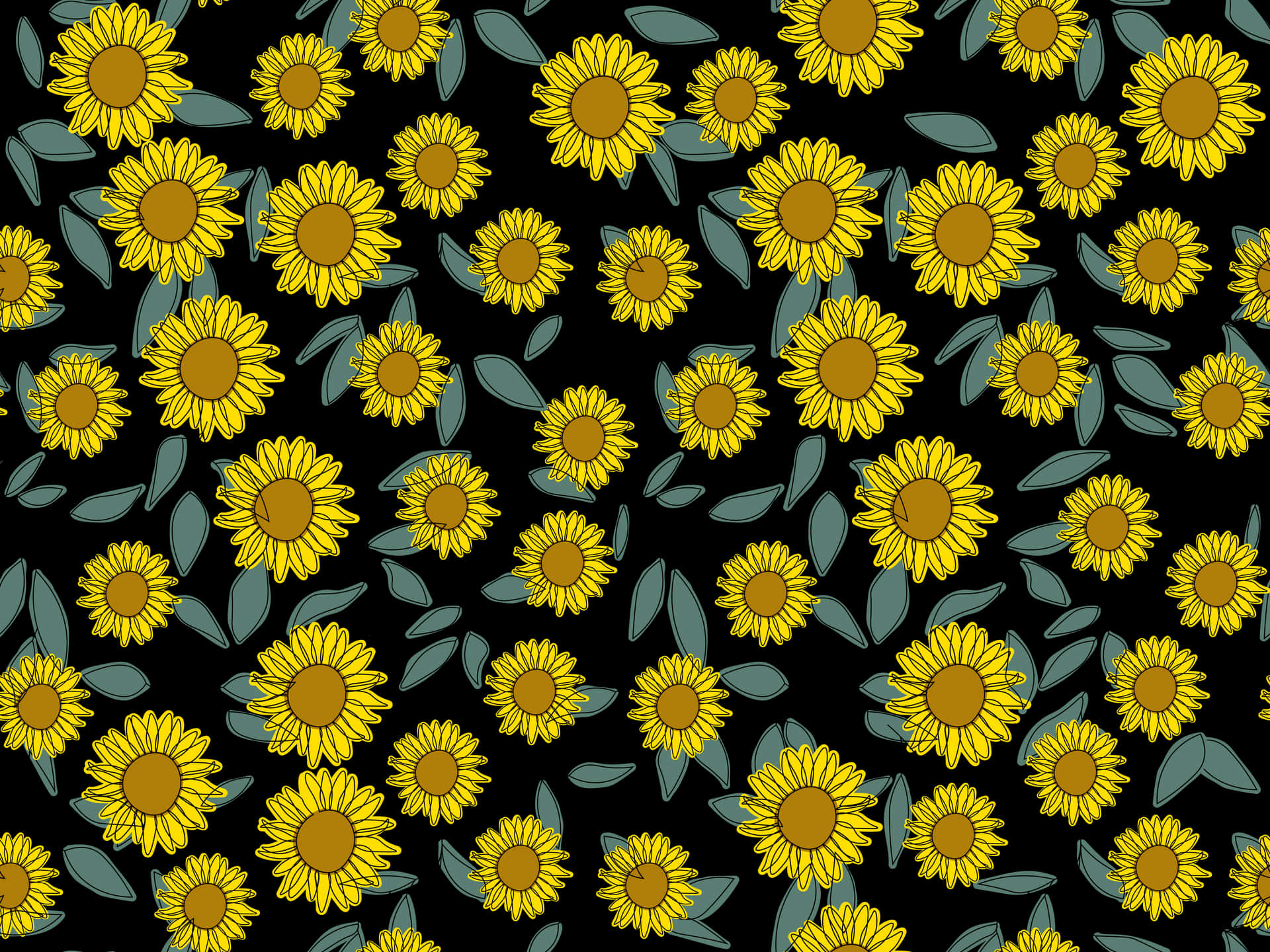 Sunflowers 桌布 壁紙 — 鮮豔的黃色向日葵與綠色葉子在純黑色背景上以大膽圖案重複。