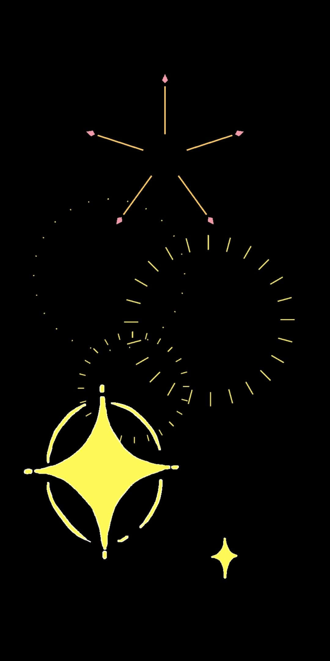 Stars 桌布 壁紙 — 鮮豔的黃色和粉紅色星爆和閃光在極簡主義數位藝術風格中，漂浮在純黑色背景上。