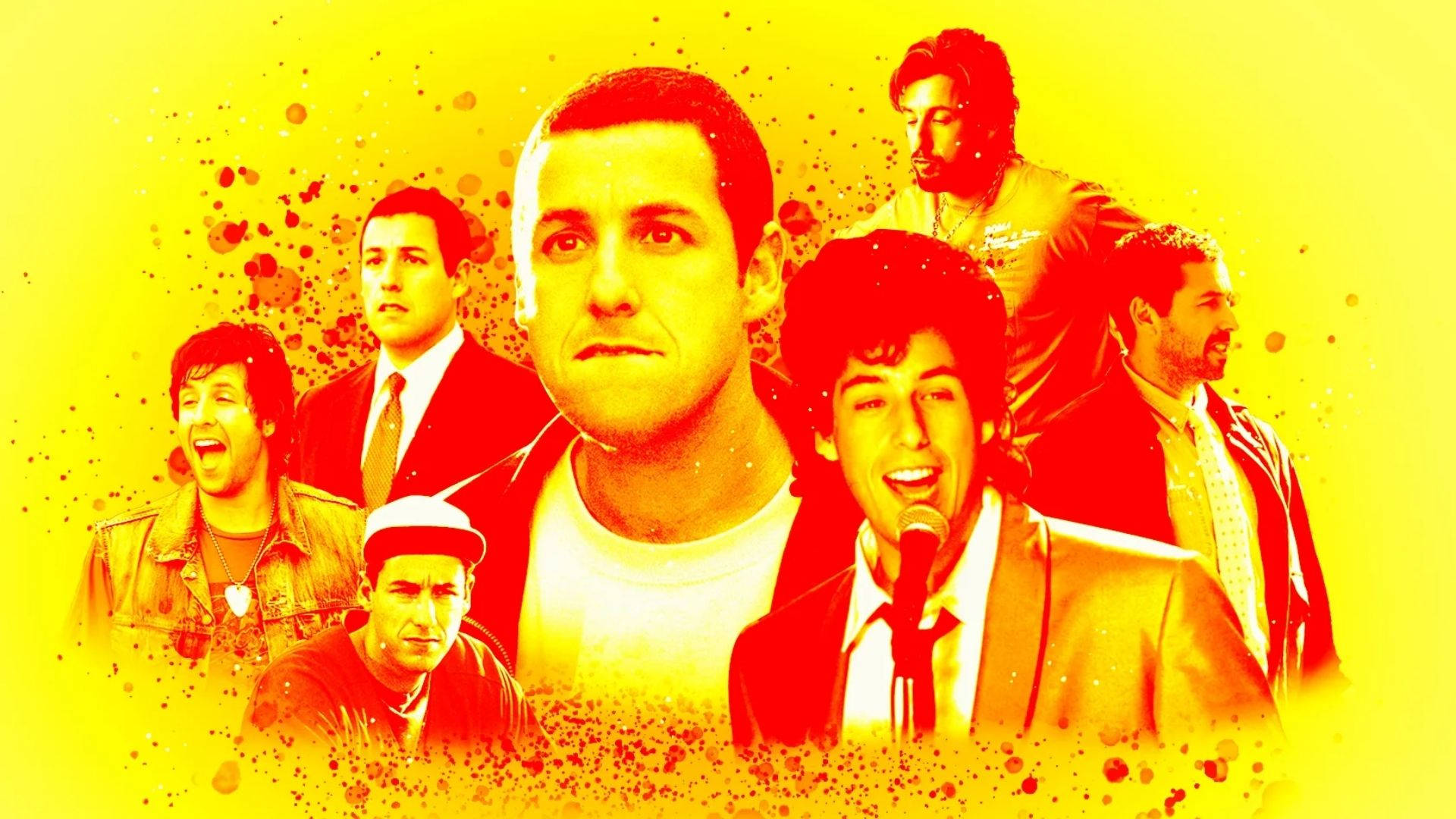 Adam Sandler 桌布 壁紙 — 鮮豔的黃色和紅色潑濺背景，展示了One Direction樂團七位成員的各種姿勢和表情。