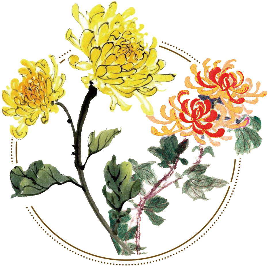 菊花 桌布 壁紙 — 鮮豔的黃色和紅色菊花，襯著綠色葉子，在裝飾性圓形框架內，在純黑色背景上盛開。