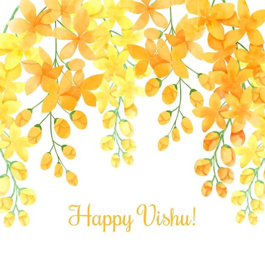 Vishu 桌布 壁紙 — 鮮豔的黃色水彩花朵以瀑布式排列，形成節日邊框，圍繞白色背景上的「Happy Vishu!」文字。