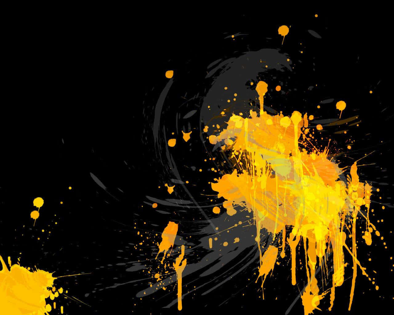 Paint Splash 桌布 壁紙 — 鮮豔的黃色油漆飛濺在純黑色背景上爆炸開來，帶有動態的運動軌跡。