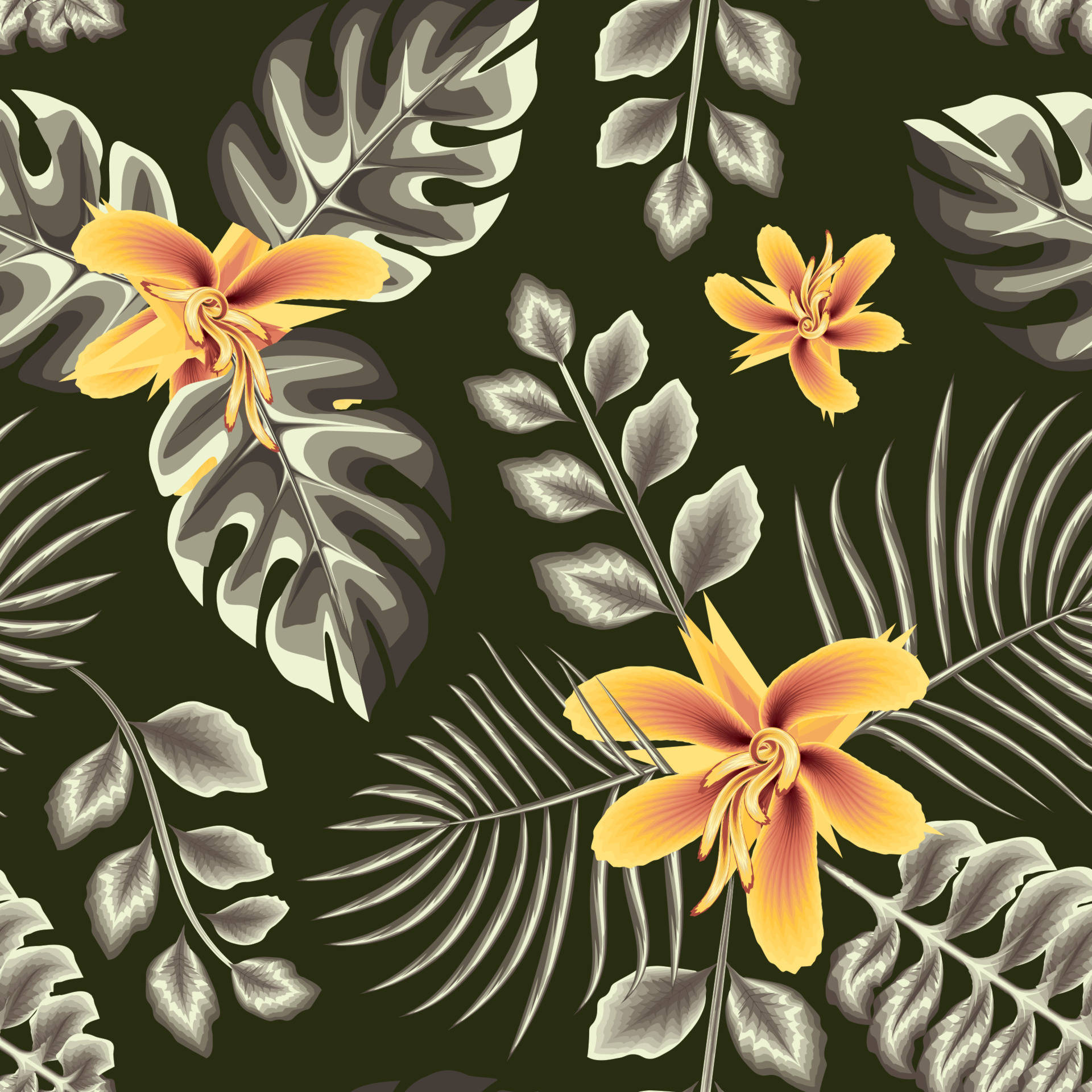 Orchids 桌布 壁紙 — 鮮豔的黃色熱帶花卉和龜背竹葉以單色灰階呈現，背景為深綠色。