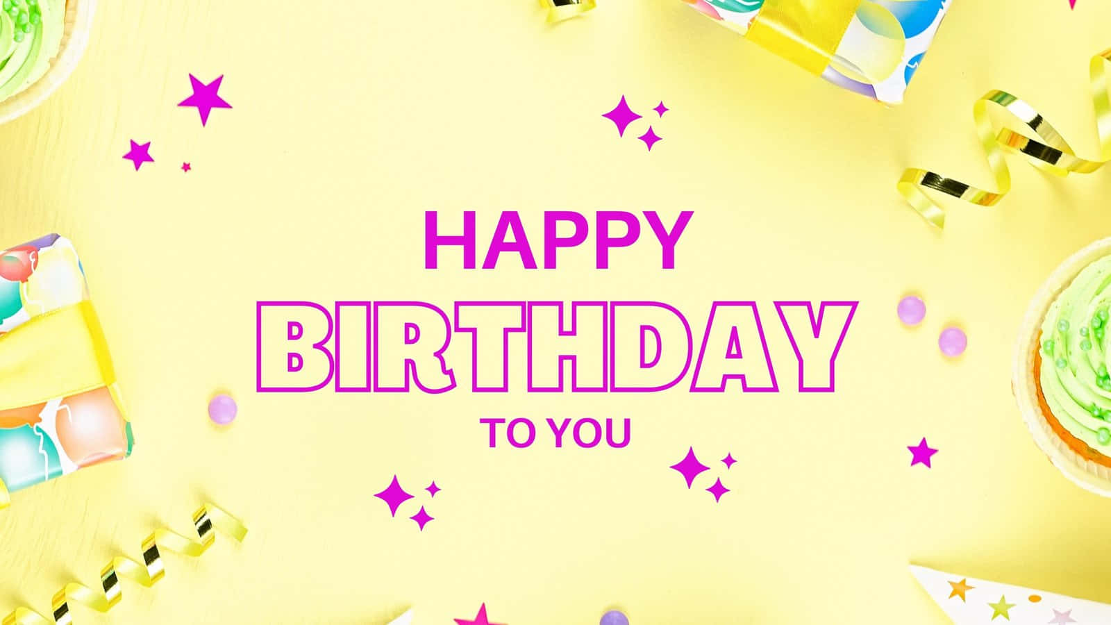 Birthday Wishes 桌布 壁紙 — 鮮豔的黃色背景，粗體紫色文字寫著生日快樂，周圍環繞著派對裝飾和杯子蛋糕。