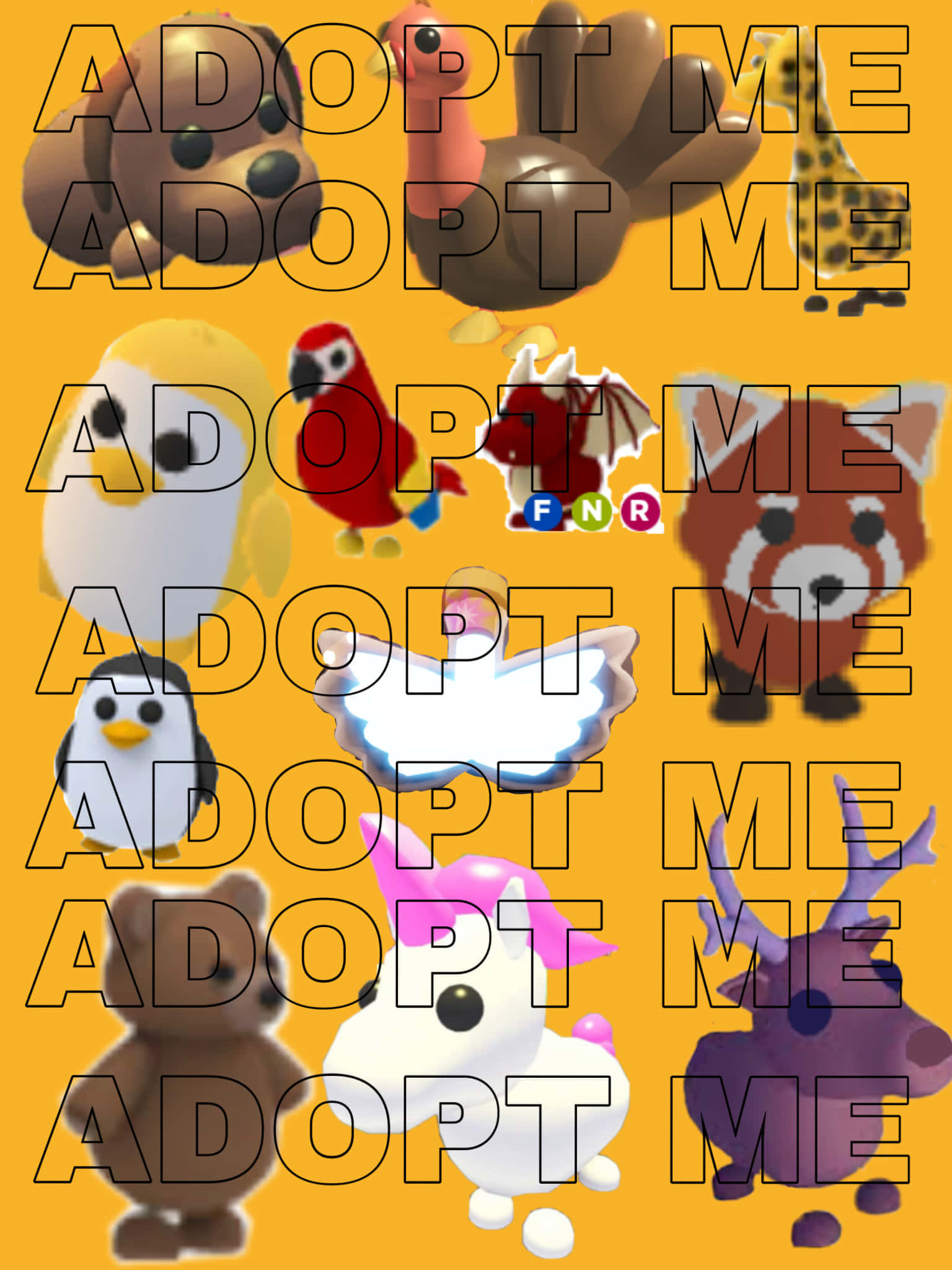poster 桌布 壁紙 — 鮮豔的黃色背景展示卡通動物角色，每個角色上疊加「ADOPT ME」文字。