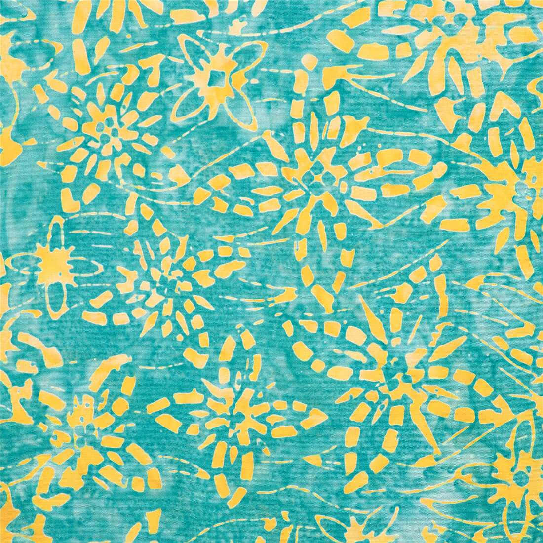 Batik 桌布 壁紙 — 鮮豔的黃色花卉圖案漂浮在帶有紋理的青綠色背景上，形成大膽的水彩圖案。
