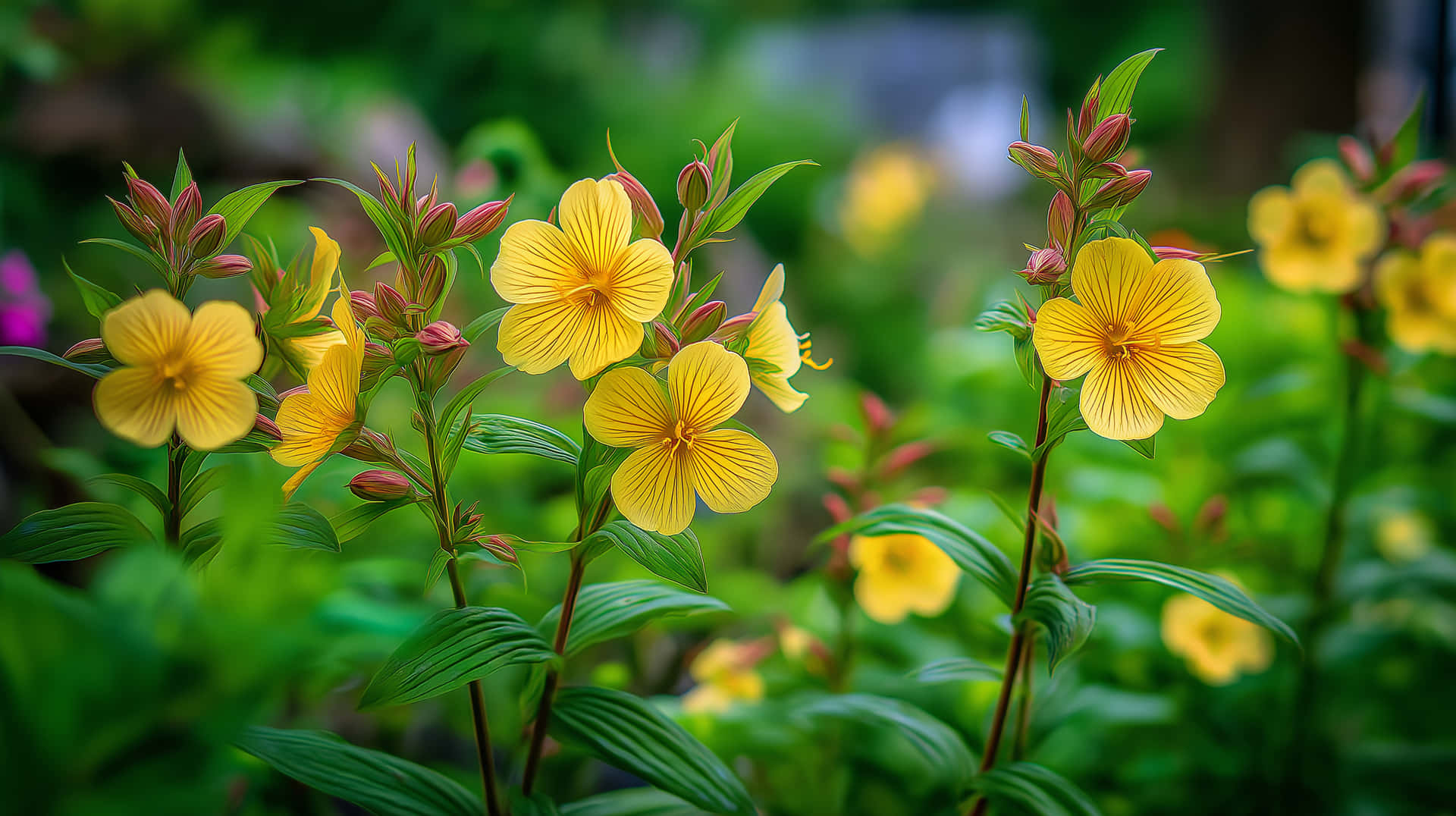 Evening Primrose Flowers Blooming in a Lush Garden Setting 壁紙 — 鮮豔的黃色花朵，花瓣細膩，綠葉茂盛，在柔和的模糊背景下的茂盛花園中盛開。
