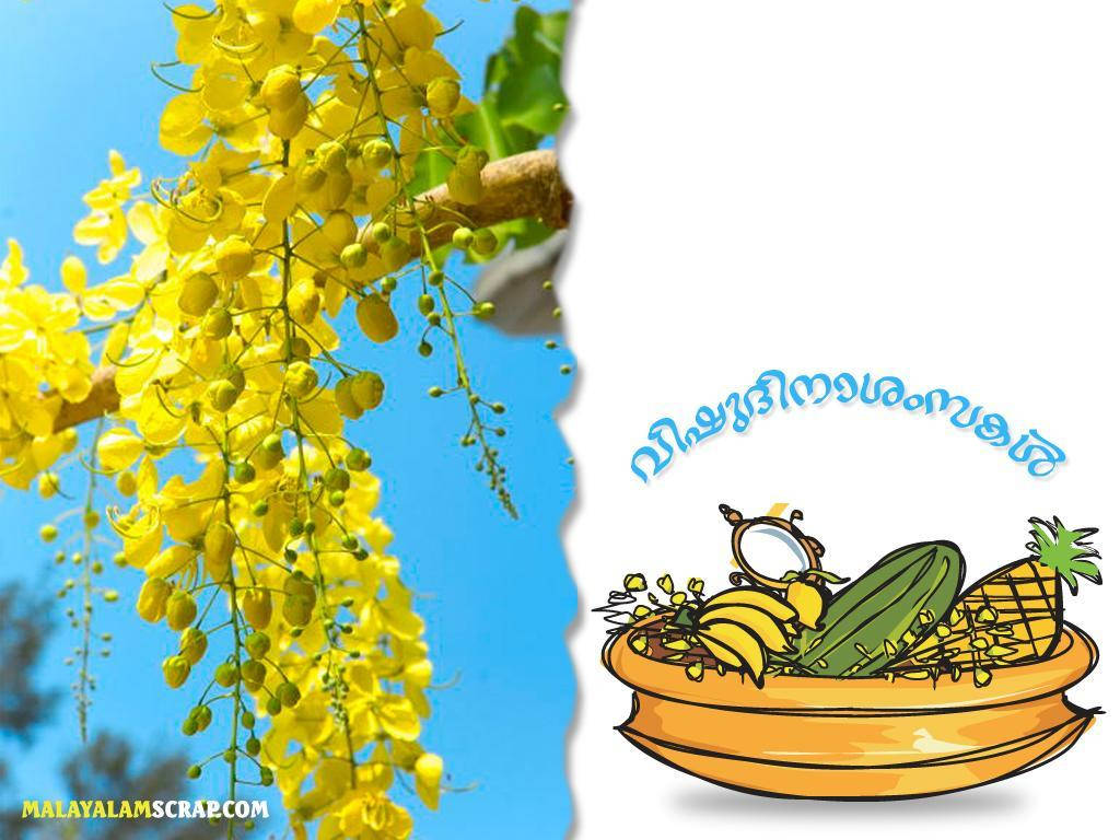 Vishu 桌布 壁紙 — 鮮豔的黃色花朵在晴朗的藍天下層疊，旁邊是一個卡通熱帶水果籃。
