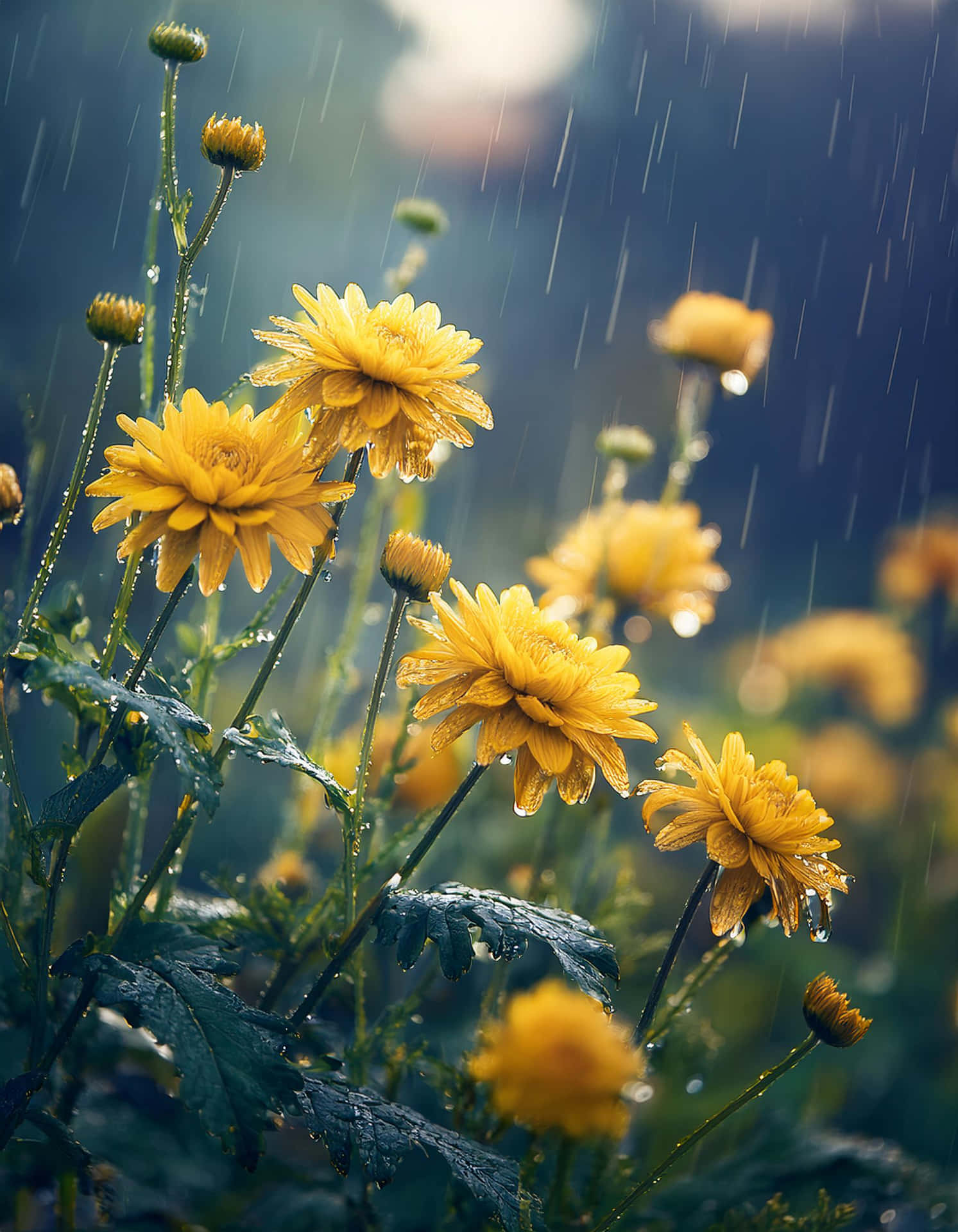 The Shine of Yellow Flower in the Rain 壁紙 — 鮮豔的黃色菊花盛開，雨滴在花瓣和葉片上閃閃發光，映襯著柔和模糊的藍色背景。