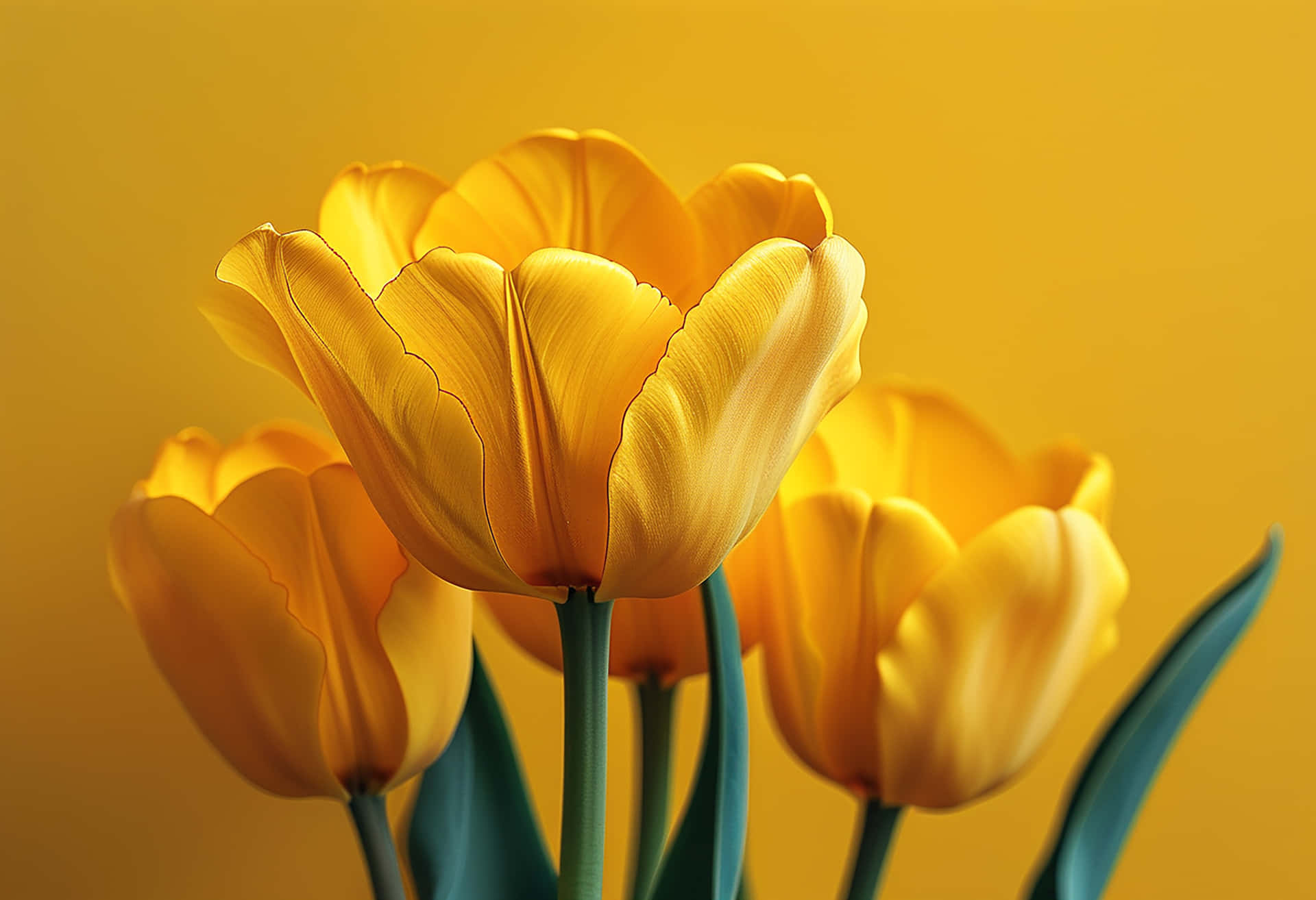 The Elegance of a Bright Yellow Tulip Revived by Raindrops 壁紙 — 鮮豔的黃色鬱金香，帶有精緻的花瓣和綠色莖，在溫暖的金色背景下盛開。