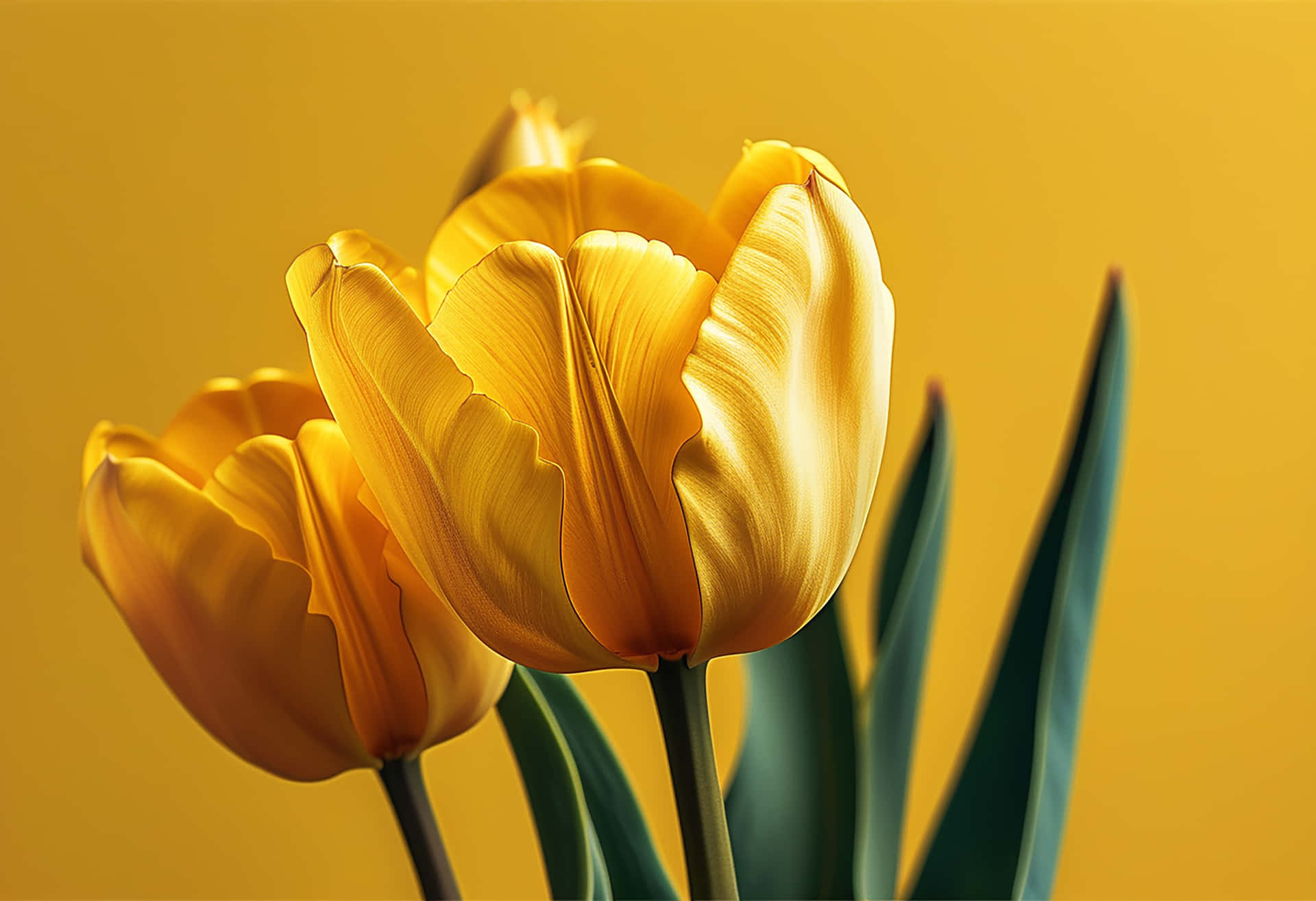 The Elegance of a Bright Yellow Tulip Revived by Raindrops 壁紙 — 鮮豔的黃色鬱金香，花瓣細膩，綠葉襯托在溫暖的金色背景上，格外突出。