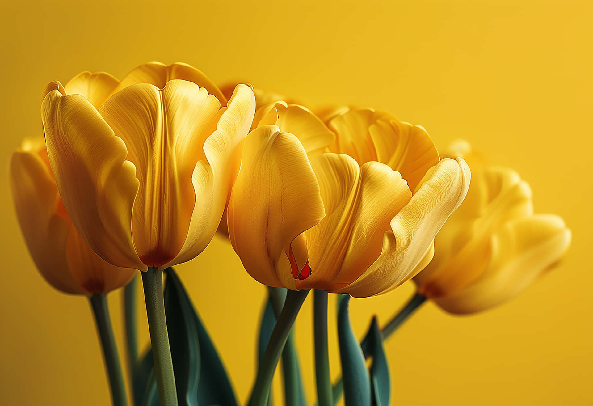 The Elegance of a Bright Yellow Tulip Revived by Raindrops 壁紙 — 鮮豔的黃色鬱金香，花瓣細膩，莖葉翠綠，在純金黃色背景上盛開。