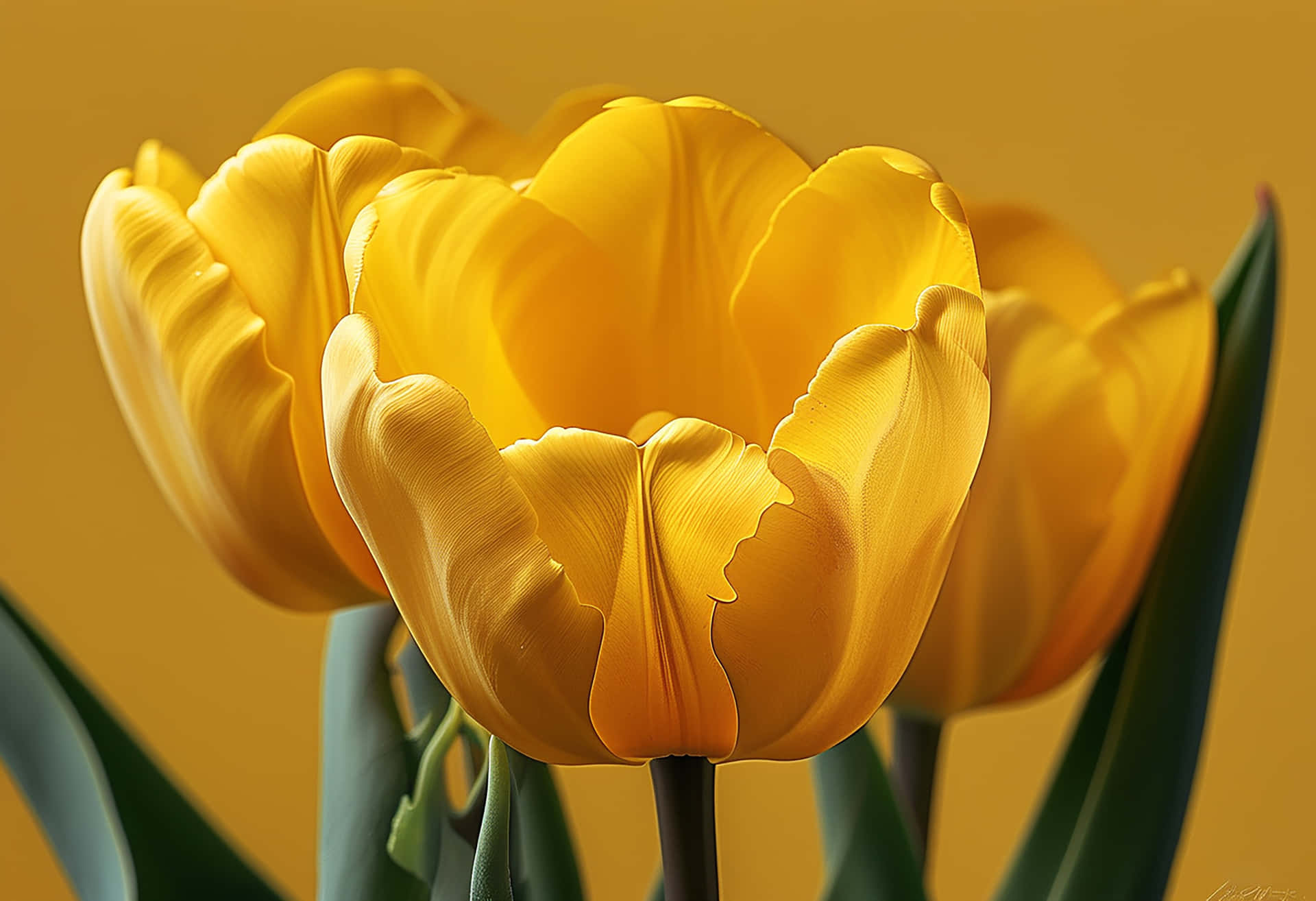 The Elegance of a Bright Yellow Tulip Revived by Raindrops 壁紙 — 鮮豔的黃色鬱金香在柔和焦點下盛開，襯托著溫暖的金色背景和精緻的綠色莖幹。