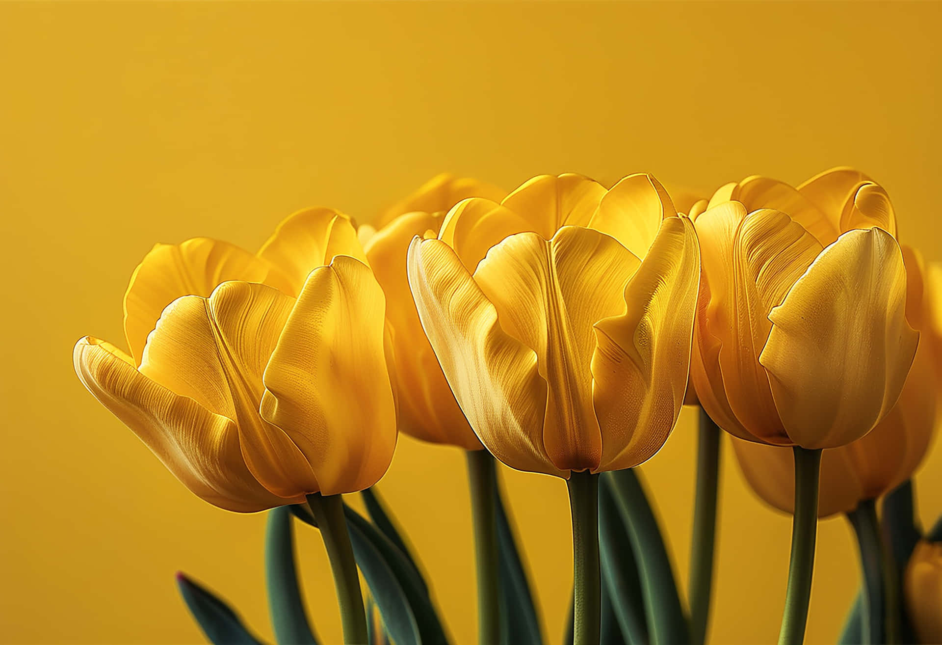 The Elegance of a Bright Yellow Tulip Revived by Raindrops 壁紙 — 鮮豔的黃色鬱金香帶有精緻的花瓣褶皺，在純金色黃色背景上高高聳立。