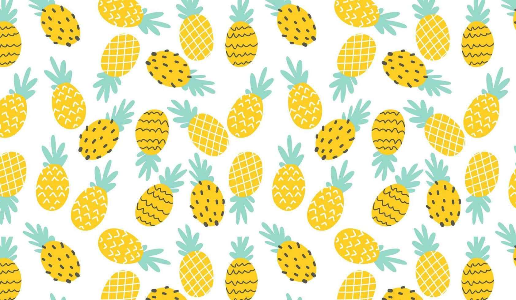 Pineapple Desktop 桌布 壁紙 — 鮮豔的黃色鳳梨搭配青綠色的冠部，在潔白背景上重複形成俏皮圖案。