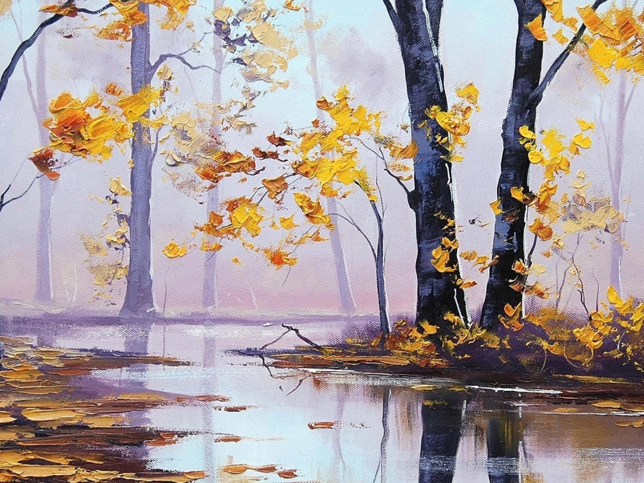 Painting 桌布 壁紙 — 鮮豔的黃葉依附在深色樹幹上，倒映在霧氣瀰漫的秋日池塘中，天空呈現柔和的紫色。