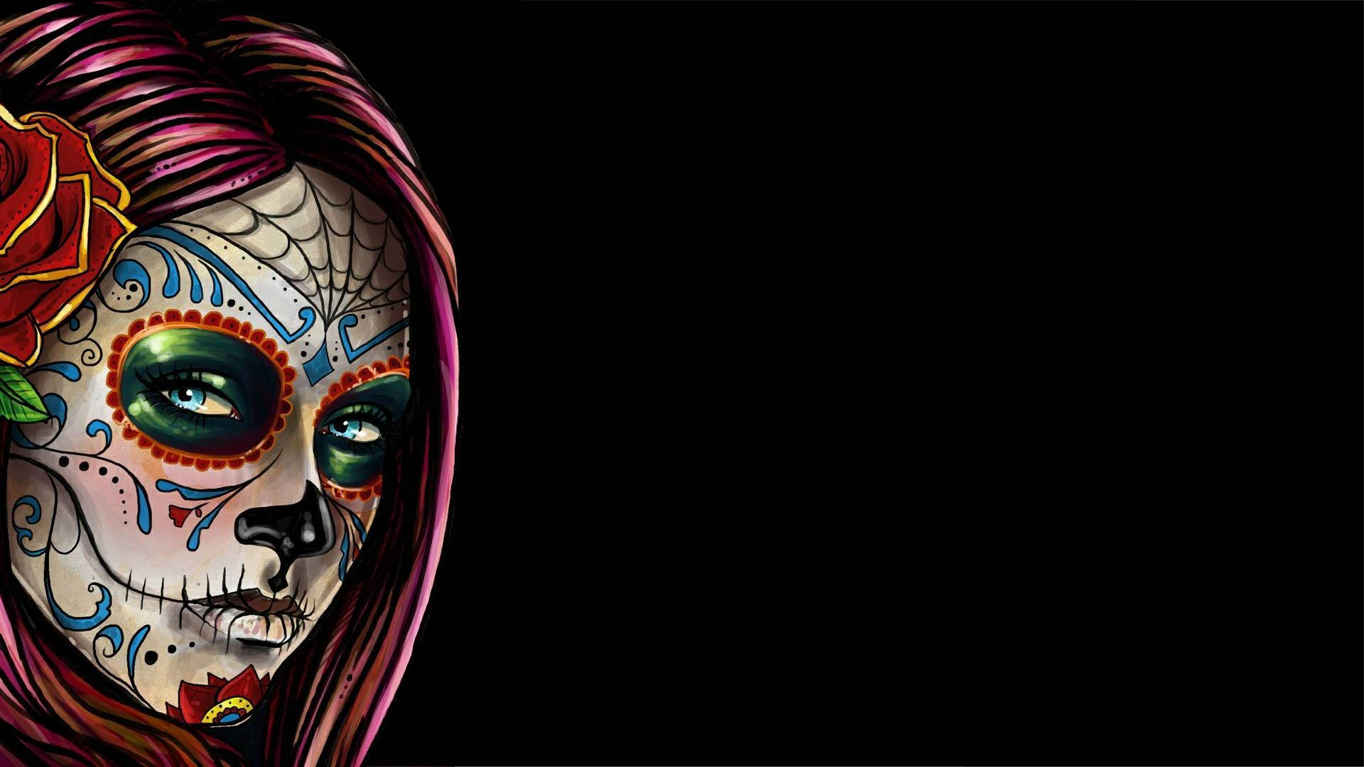 Sugar Skull 桌布 壁紙 — 鮮豔繪製的糖骷髏女人，紫紅色頭髮和紅玫瑰，在鮮明的黑色背景上。