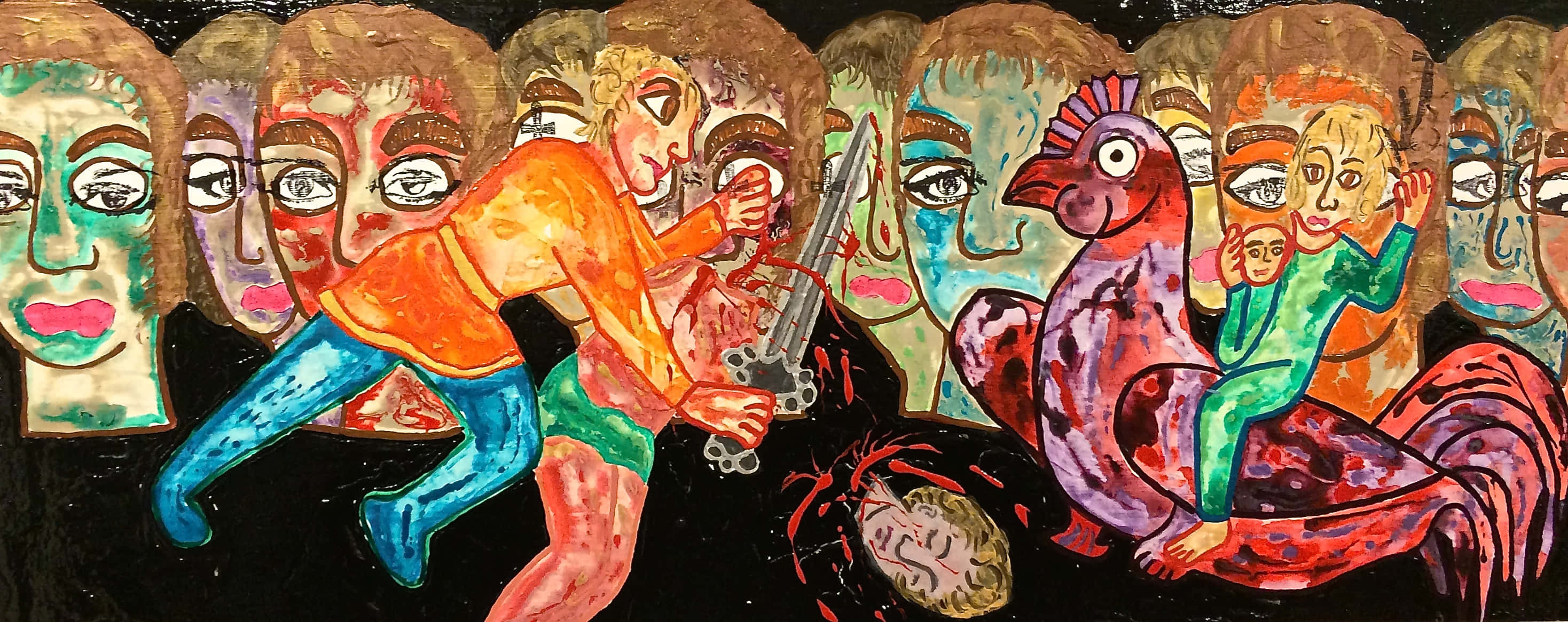 Religious Art 桌布 壁紙 — 鮮豔繪製的超現實人物，帶有扭曲的面孔和大膽的色彩，描繪了在黑暗背景下的混亂人類互動。
