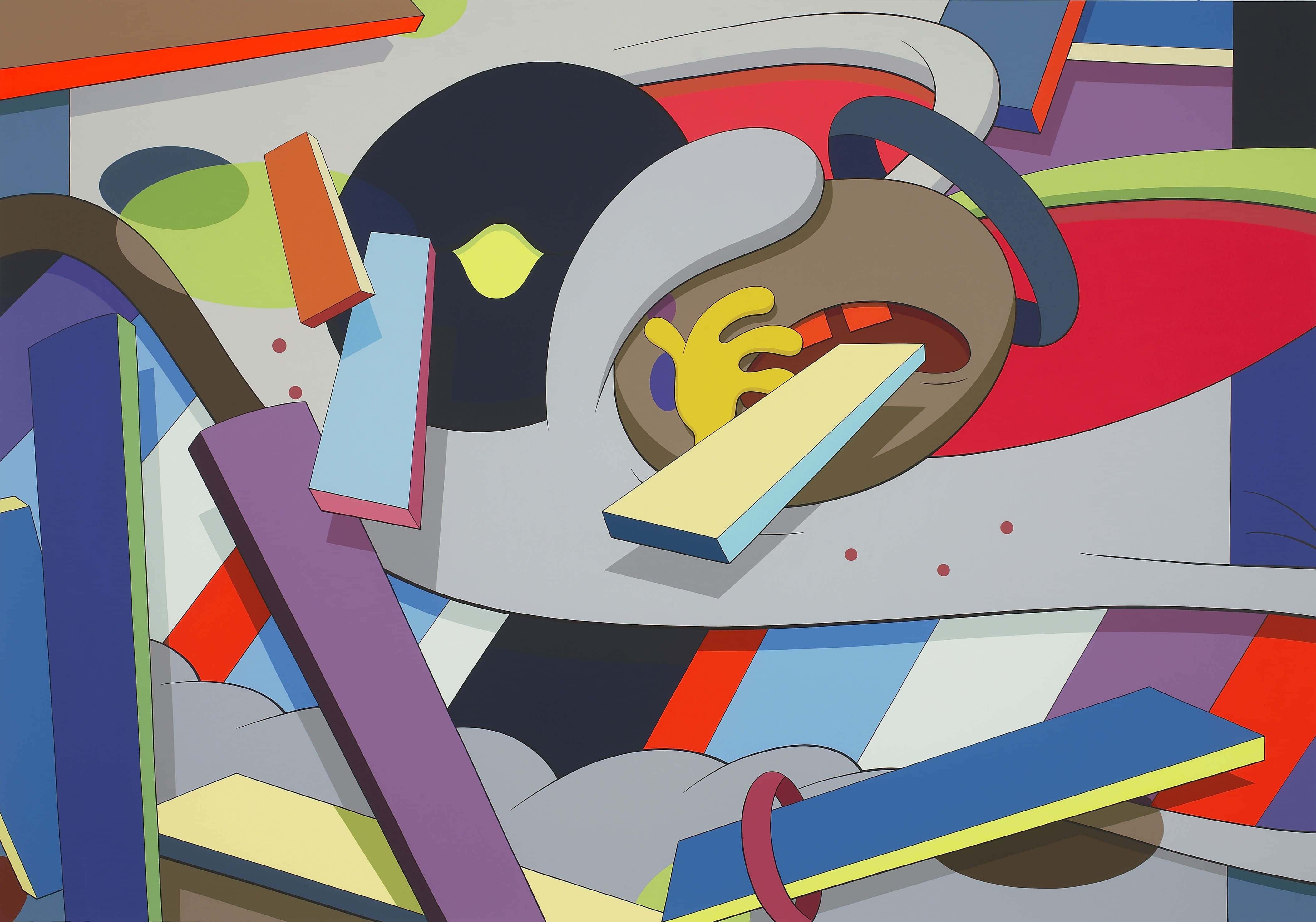 Kaws Artwork 桌布 壁紙 — 鮮豔色彩中大膽幾何形狀與卡通風格形態的充滿活力的抽象構圖。