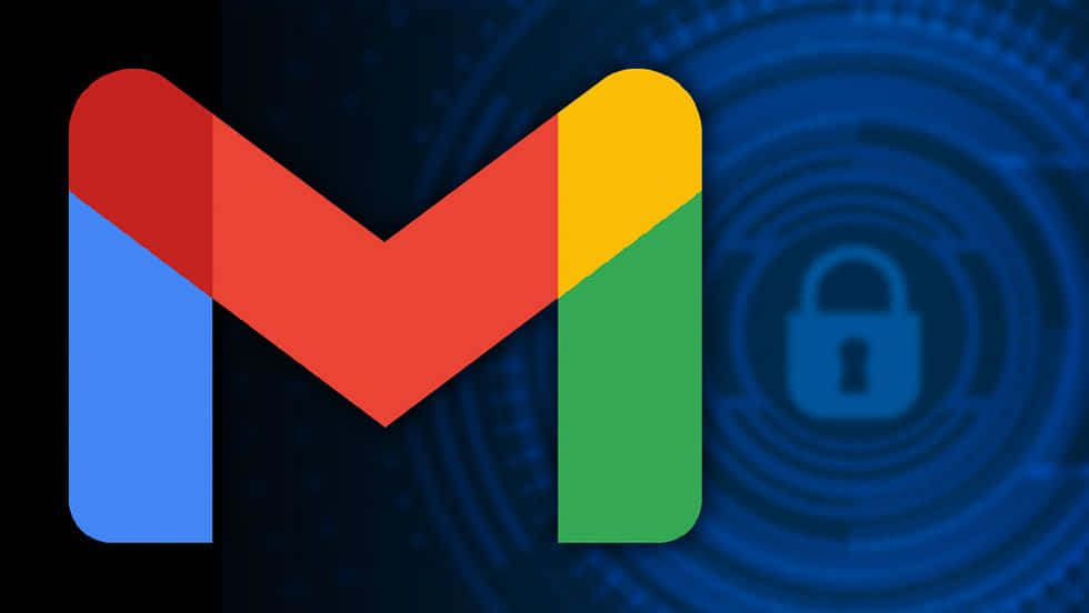 Gmail 動圖 桌布 壁紙 — 鮮豔色彩的Google Gmail標誌在深藍色數位背景上大膽呈現，並帶有發光的掛鎖圖示。