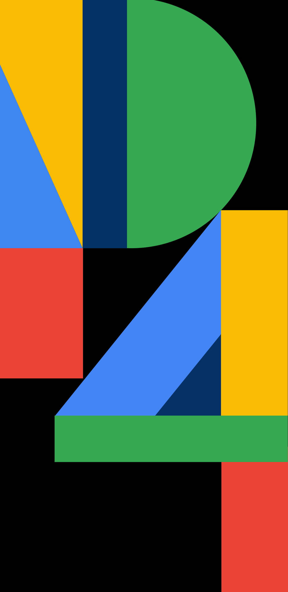 黑色背景上帶有大膽形狀和明亮色彩的抽象幾何圖案 — Google pixel 壁紙