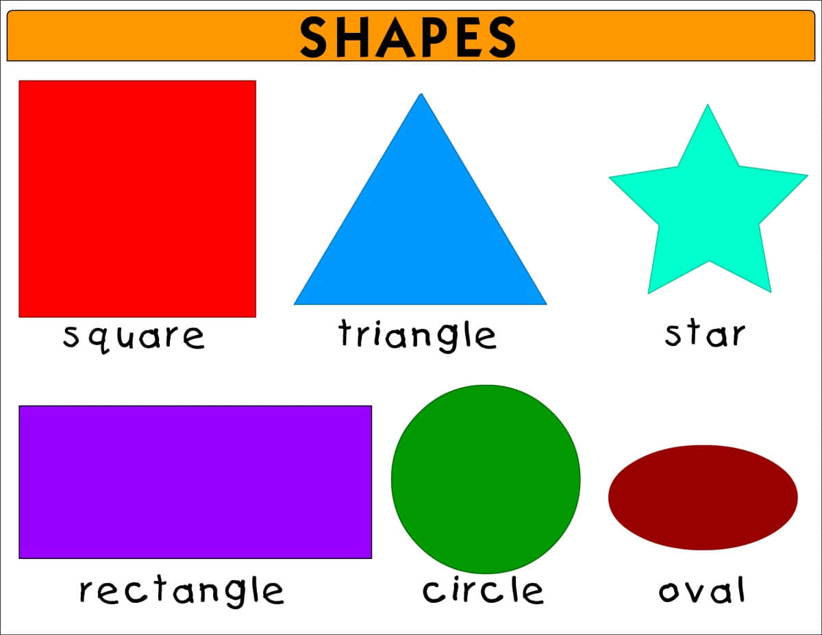 Shapes 桌布 壁紙 — 鮮豔色彩的幾何形狀，標有正方形、三角形、星形、長方形、圓形、橢圓形，背景為白色。
