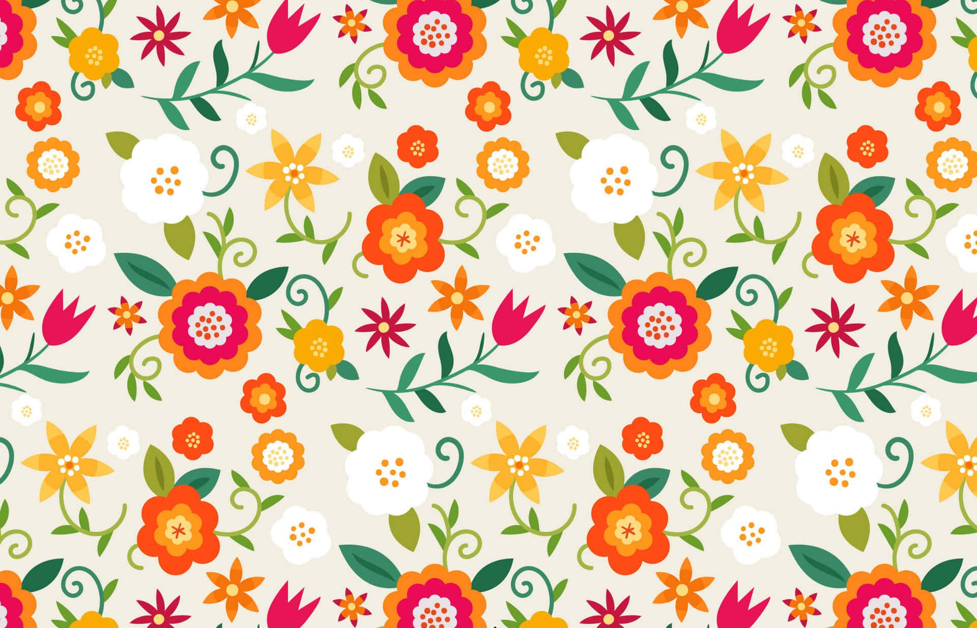 Cute Floral 桌布 壁紙 — 鮮豔花卉圖案，在奶油色背景上呈現橙色、粉紅色和黃色的花朵。