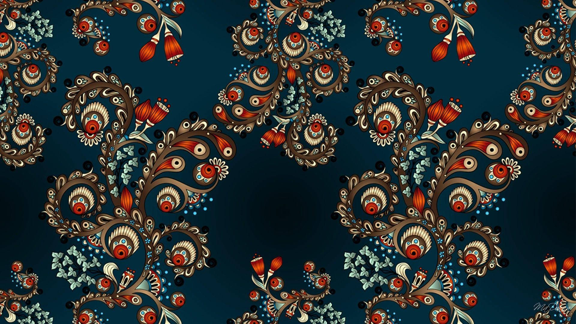 Paisley 桌布 壁紙 — 鮮豔華麗的花卉圖案，以紅色、金色和藍綠色在深海軍藍背景上重複旋轉。