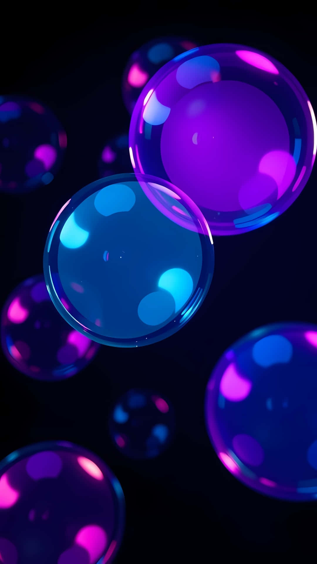 Neon Glow Bubbles on Dark AMOLED Background 壁紙 — 鮮豔藍色和紫色的光澤半透明氣泡漂浮在深黑色背景上。