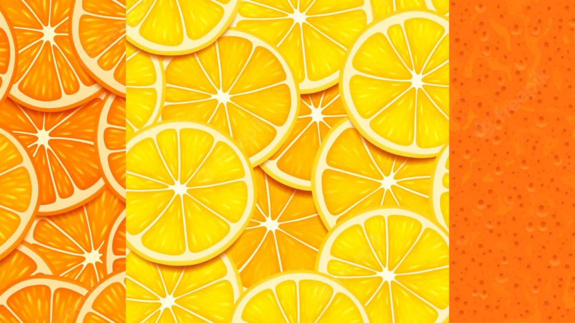 Orange 桌布 壁紙 — 鮮豔重疊的柑橘類水果切片，呈現明亮的黃色和橙色色調，右側帶有露水質感。