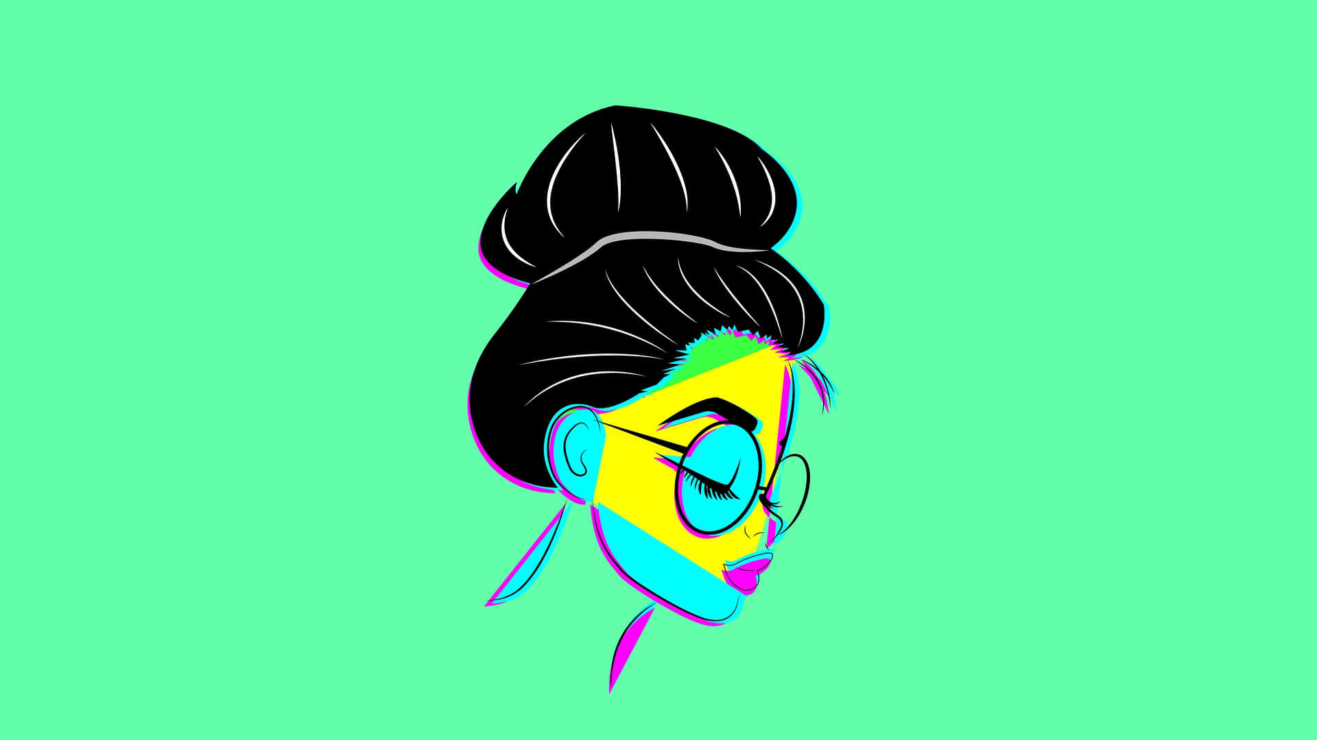 Cartoon 桌布 壁紙 — 鮮豔風格化插圖，描繪一位戴眼鏡和髮髻的女性，背景為純薄荷綠色。