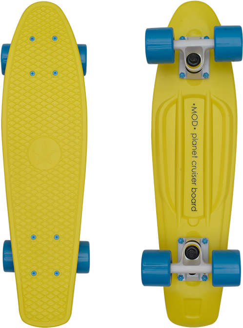 滑板 桌布 壁紙 — 鮮黃色Penny Board滑板，從頂部和底部展示，黑色背景，藍色輪子。