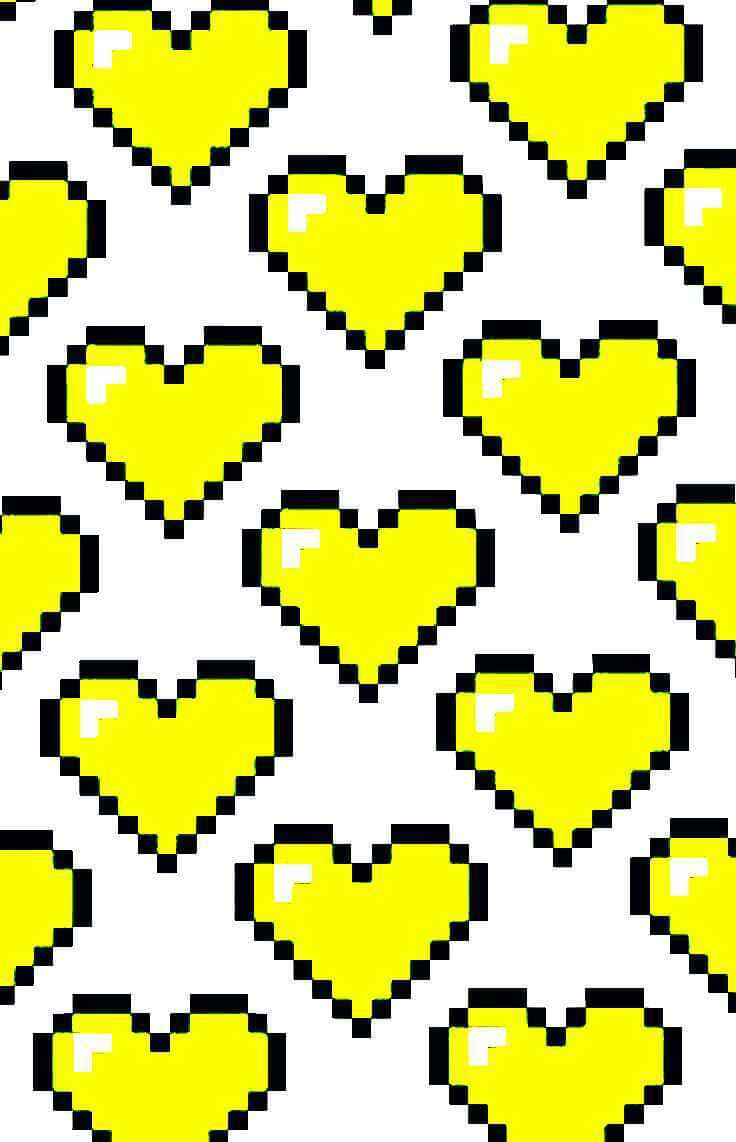 Yellow Heart 桌布 壁紙 — 鮮黃色像素愛心，帶有粗黑輪廓，在純白背景上以重複圖案漂浮。