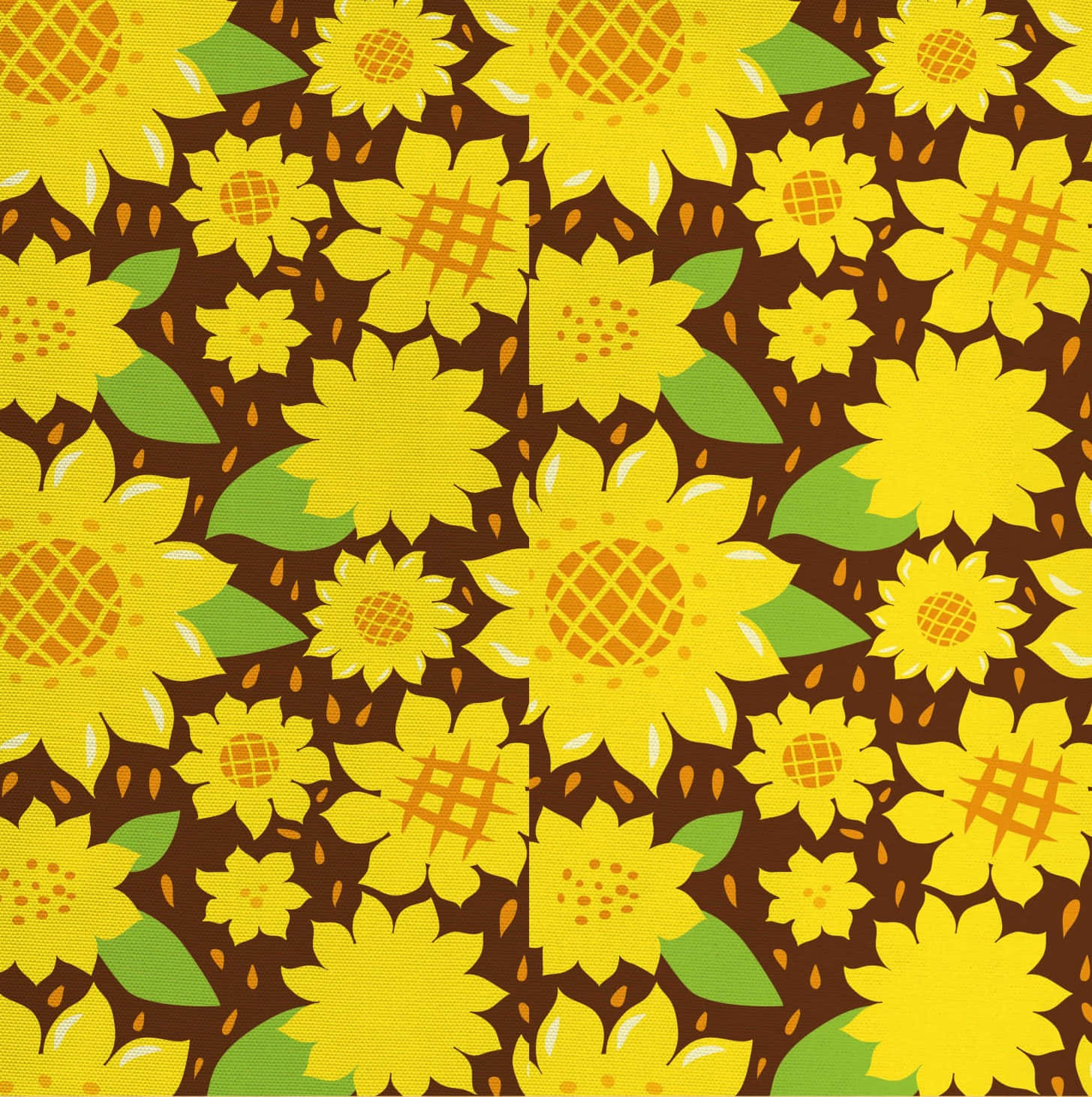 Sunflowers 桌布 壁紙 — 鮮黃色向日葵與綠色葉子在深棕色紋理背景上以大膽復古圖案重複。