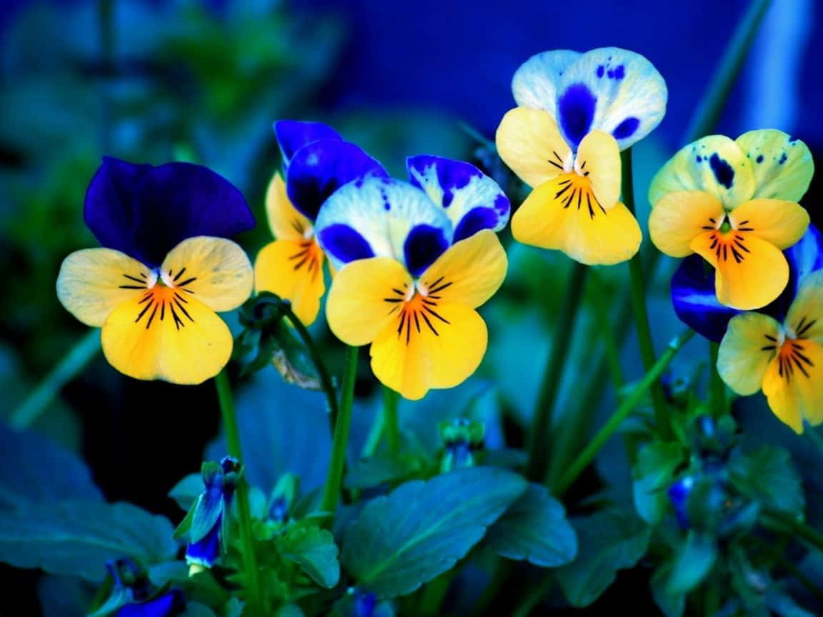 Spring Flowers Desktop 桌布 壁紙 — 鮮黃色和深藍色三色堇盛開，帶有複雜的深色中心，背景是清涼的藍綠色模糊花園。