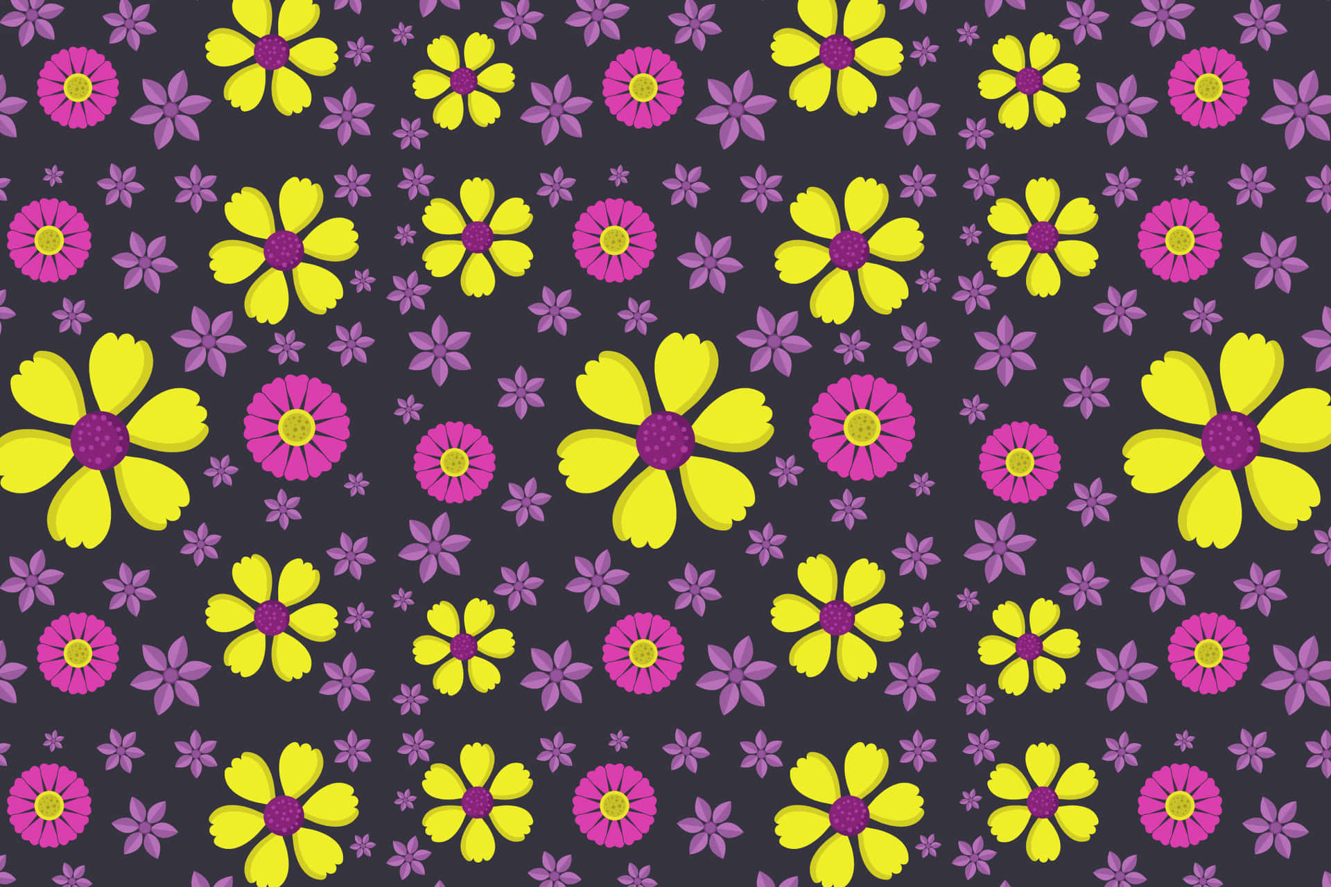 Flower pattern 壁紙 — 鮮黃色和粉紅色的卡通花朵帶有紫色中心，在深灰色背景上重複形成俏皮圖案。