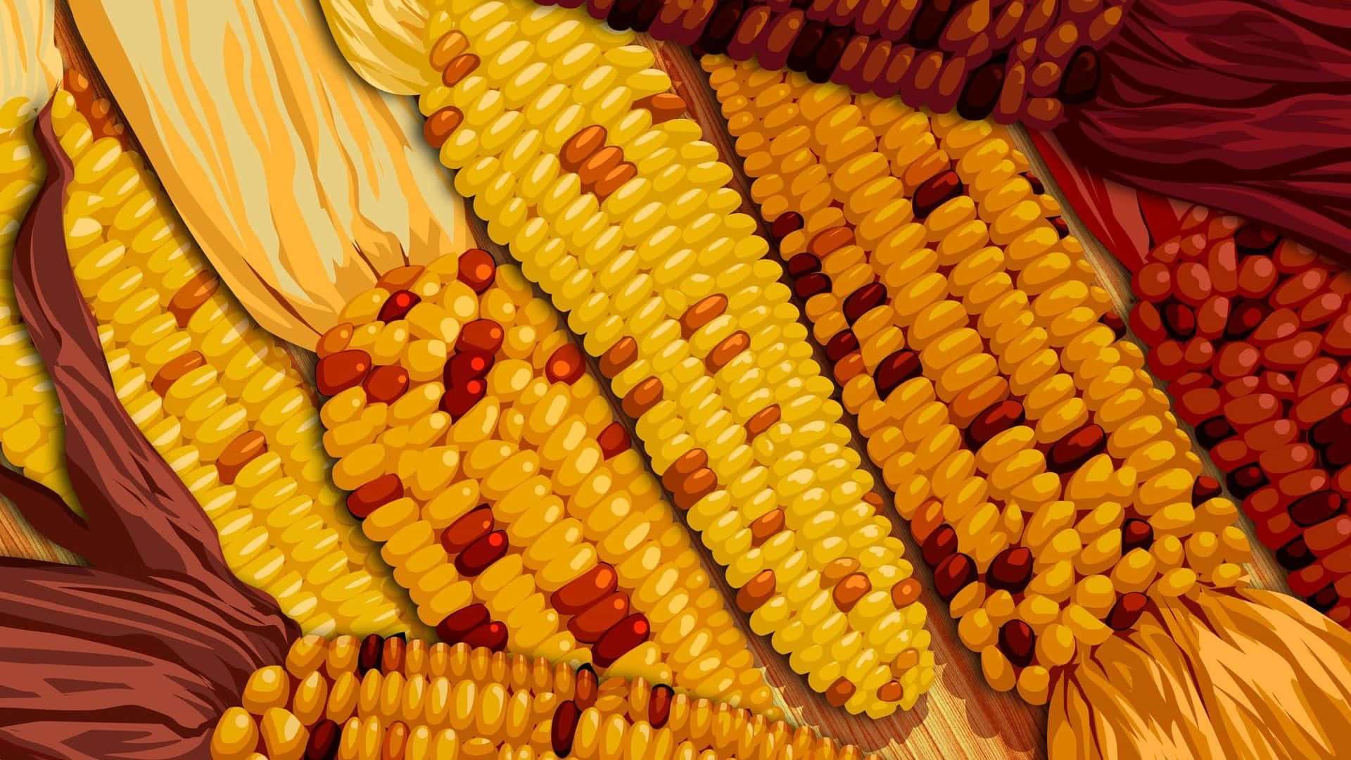 Corn 桌布 壁紙 — 鮮黃色和紅色帶殼玉米芯的特寫，對角線排列在木質表面上。