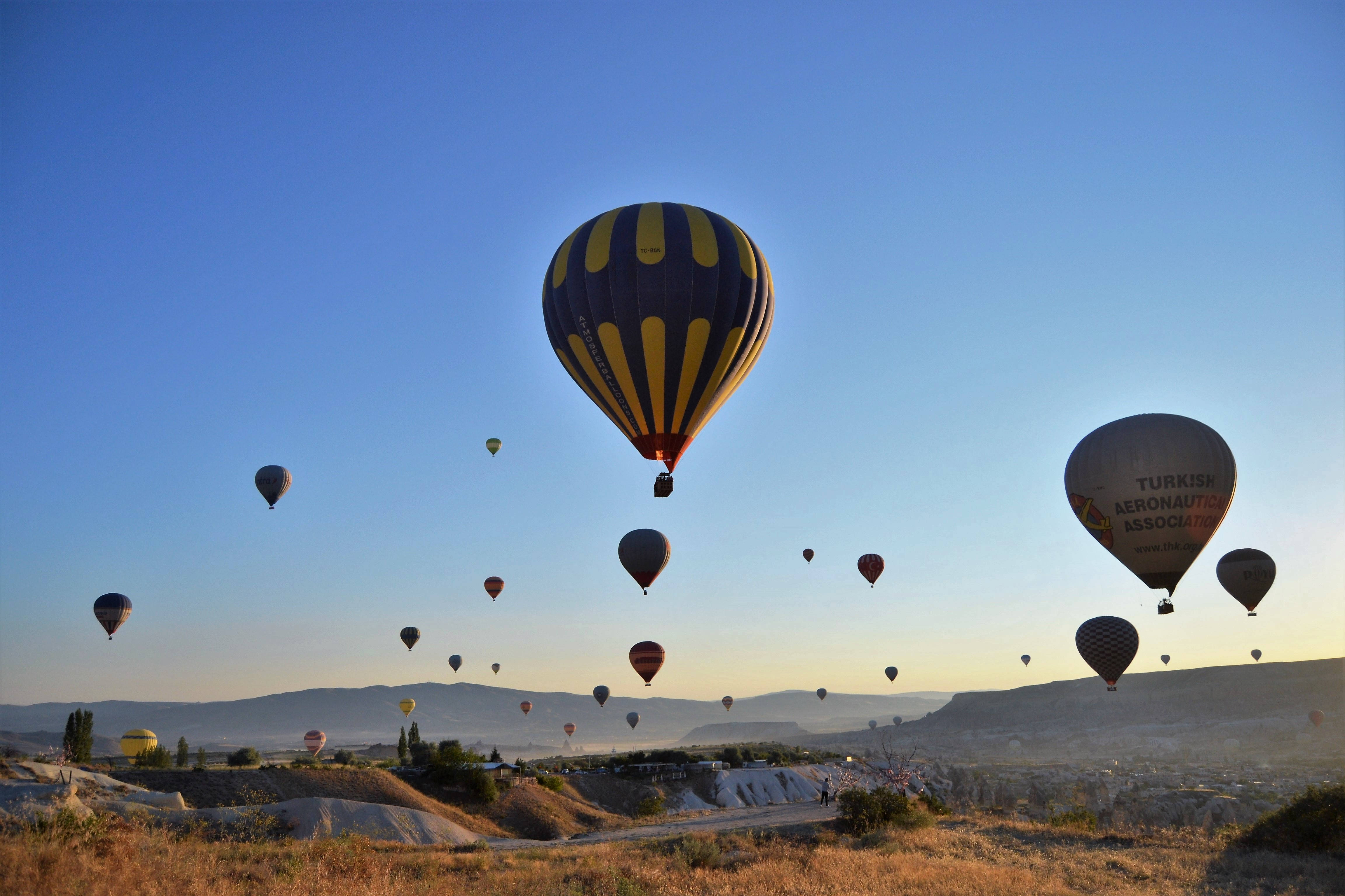Cappadocia 桌布 壁紙 — 鮮黃色和藍色圖案的熱氣球在黎明時分飄過陽光明媚的山谷，遠處有山丘，天空清澈湛藍。