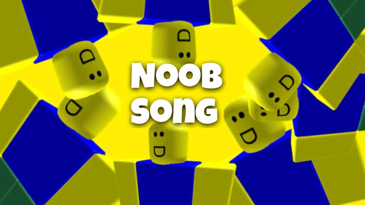 Cute Roblox Noobs 桌布 壁紙 — 鮮黃色和藍色的方塊角色，帶有簡單的臉孔，圍繞著粗體白色文字「NOOB SONG」，構成動態的數位構圖。