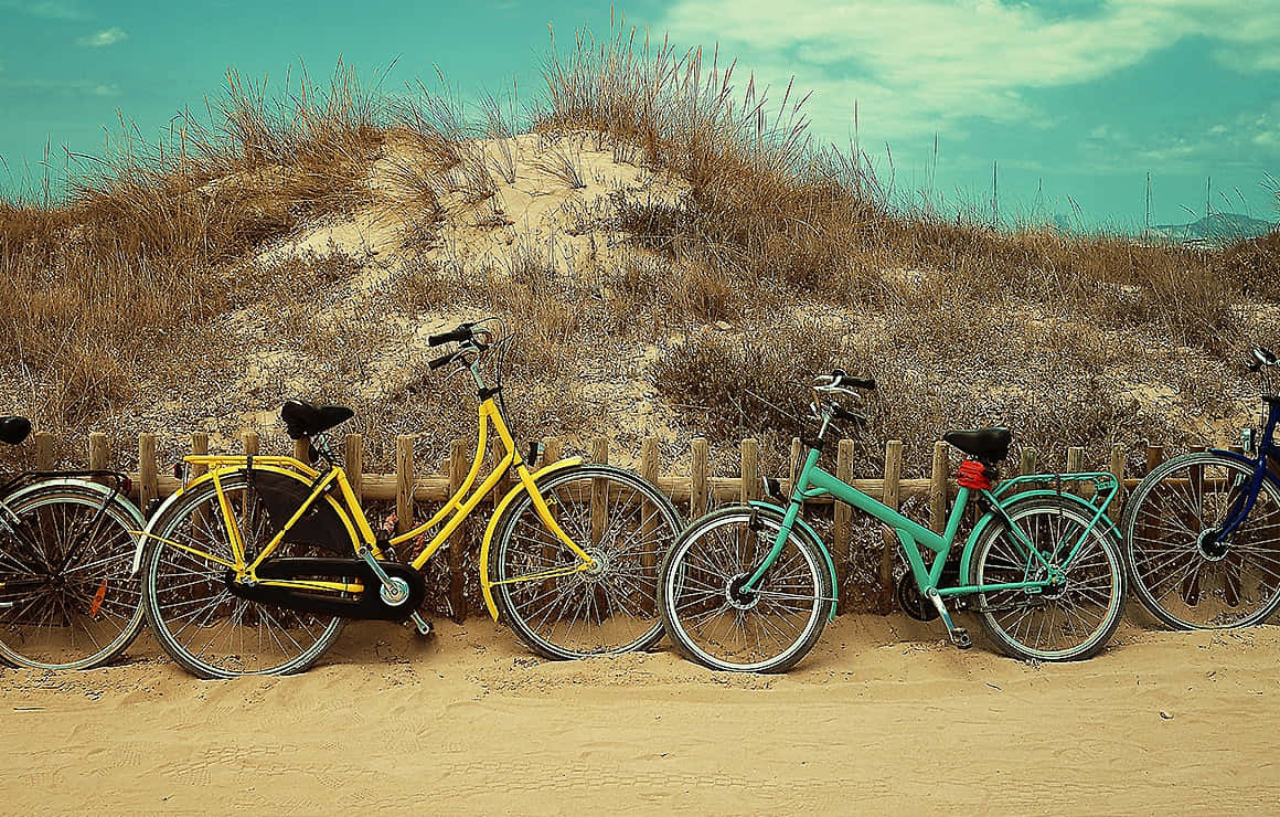 Best Bikes 桌布 壁紙 — 鮮黃色和青綠色的腳踏車靠在海灘的木柵欄上，旁邊是沙丘草，天空是青綠色的。