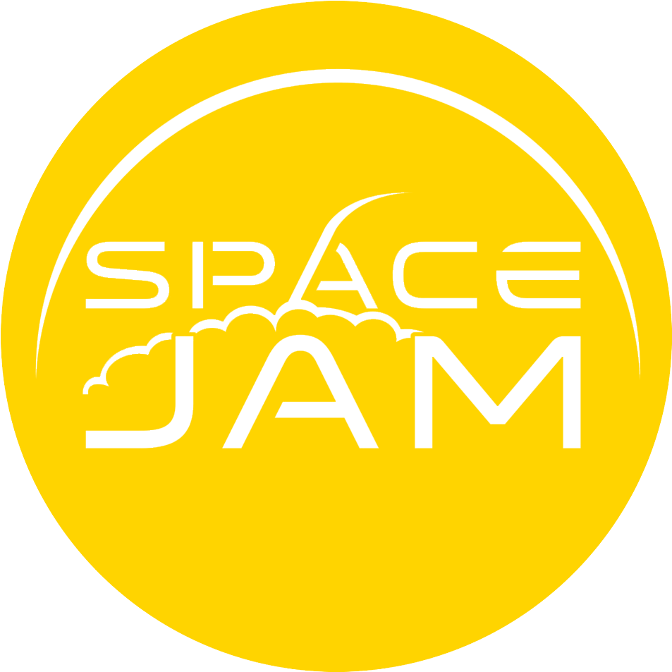 電影 桌布 壁紙 — 鮮黃色圓圈內有粗體黑色「SPACE JAM」文字，上方有曲線，下方有雲狀圖案。