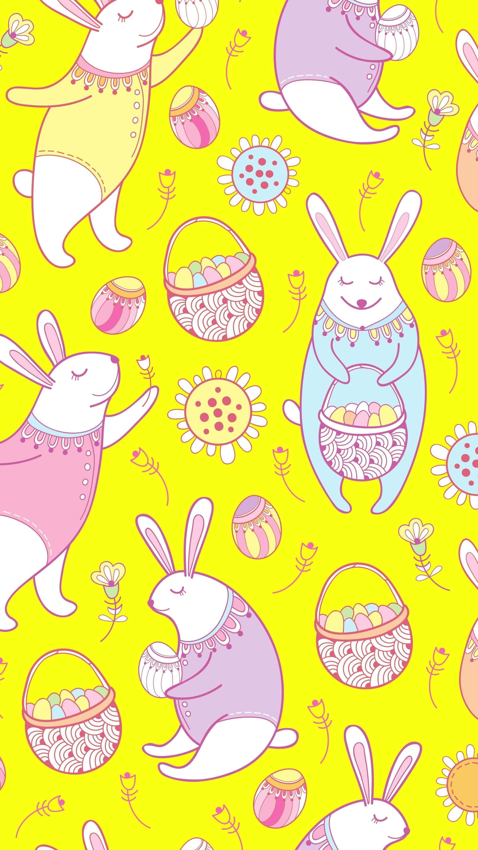 Kawaii Bunny 桌布 壁紙 — 鮮黃色壁紙，有可愛的粉彩兔子拿著復活節蛋和籃子，周圍環繞著花朵。