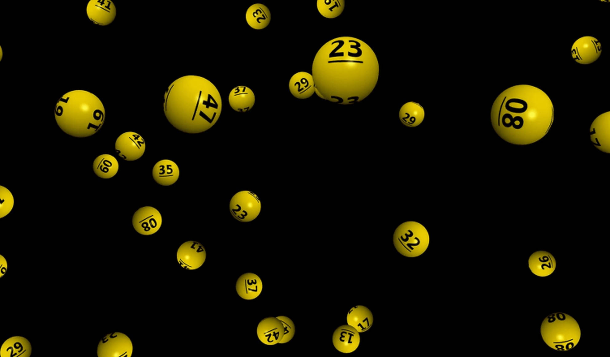 Lottery 桌布 壁紙 — 鮮黃色彩票球帶有黑色數字，在純黑背景上動態漂浮。