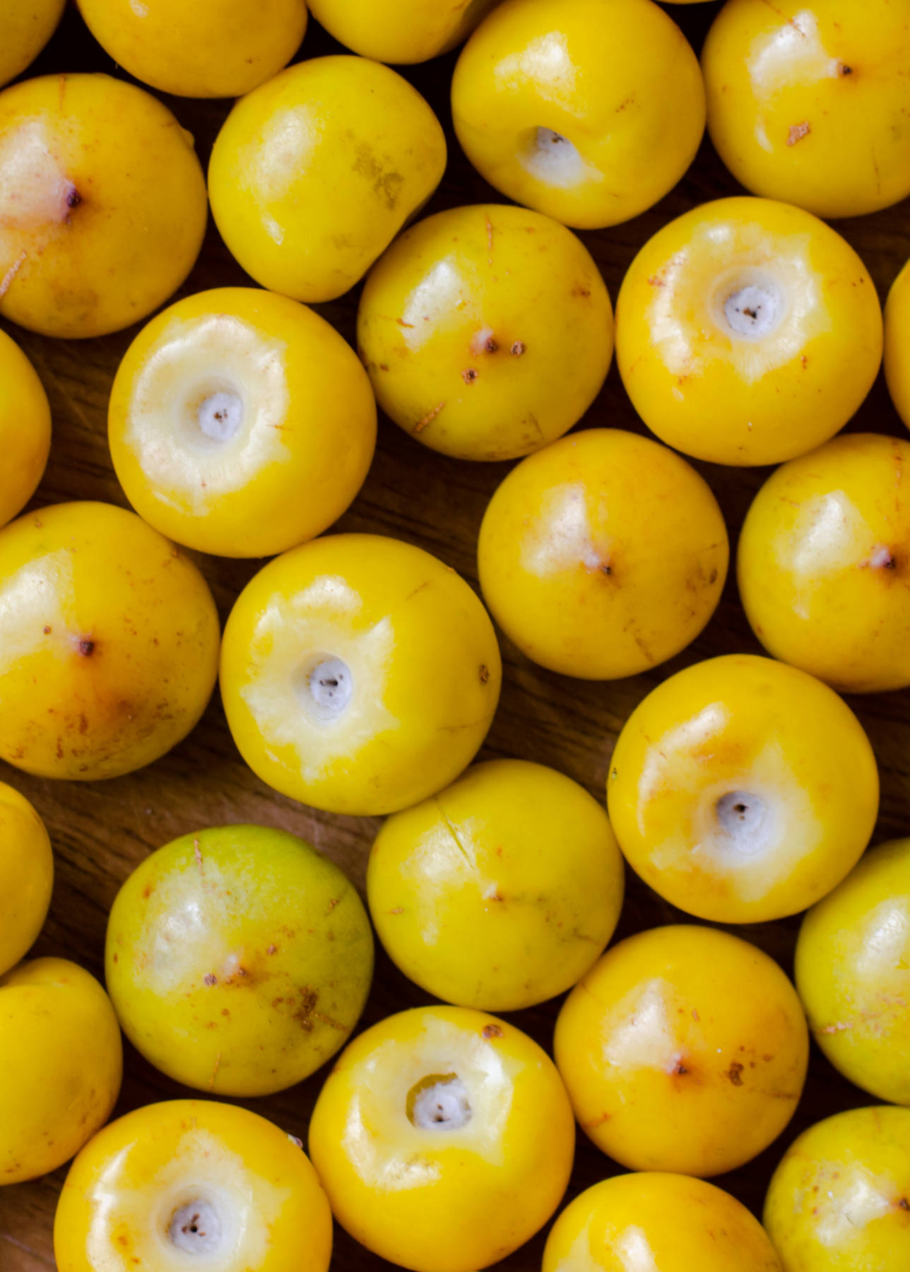 Fruits 桌布 壁紙 — 鮮黃色李子的特寫，帶有光澤的果皮和白色莖部，排列在木質表面上。
