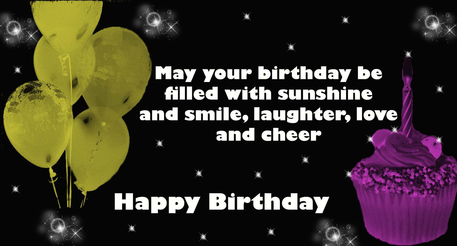 Birthday Wishes 桌布 壁紙 — 鮮黃色氣球和紫色紙杯蛋糕在閃爍的黑色背景上，搭配節慶文字，慶祝生日的喜悅。