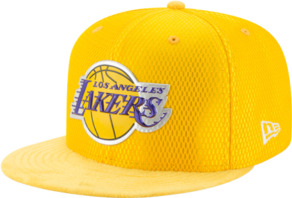 Hat 桌布 壁紙 — 鮮黃色洛杉磯湖人NBA棒球帽，帶有紫色和白色標誌及New Era品牌標籤。
