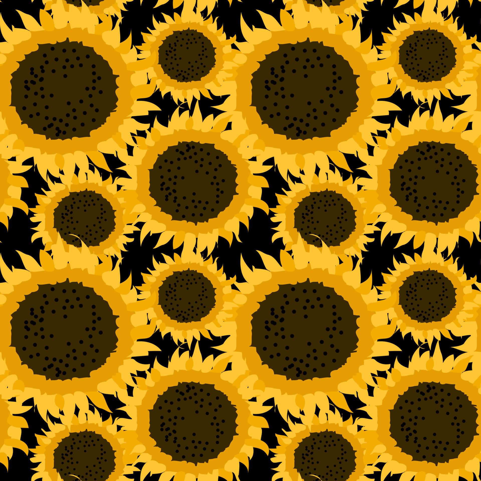 Yellow Sunflower Aesthetic 桌布 壁紙 — 鮮黃色的向日葵，帶有深色中心和粗黑輪廓，以無縫圖案重複。