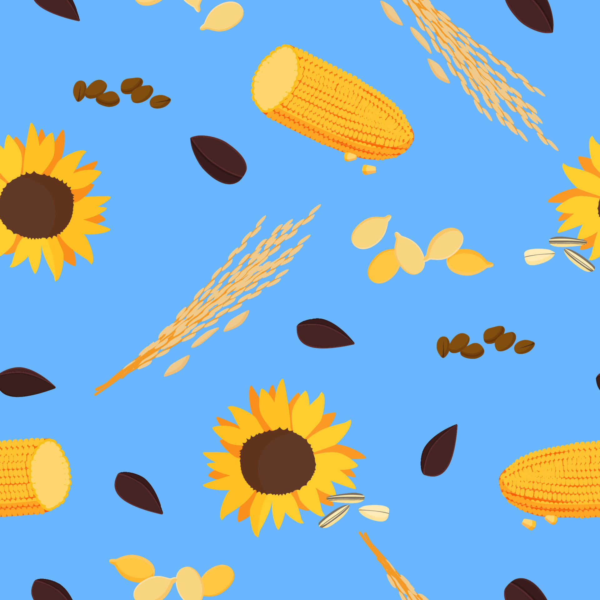 Wheat Harvest 桌布 壁紙 — 鮮黃色的向日葵、玉米穗和小麥莖在明亮的藍天下漂浮，形成歡快的豐收圖案。