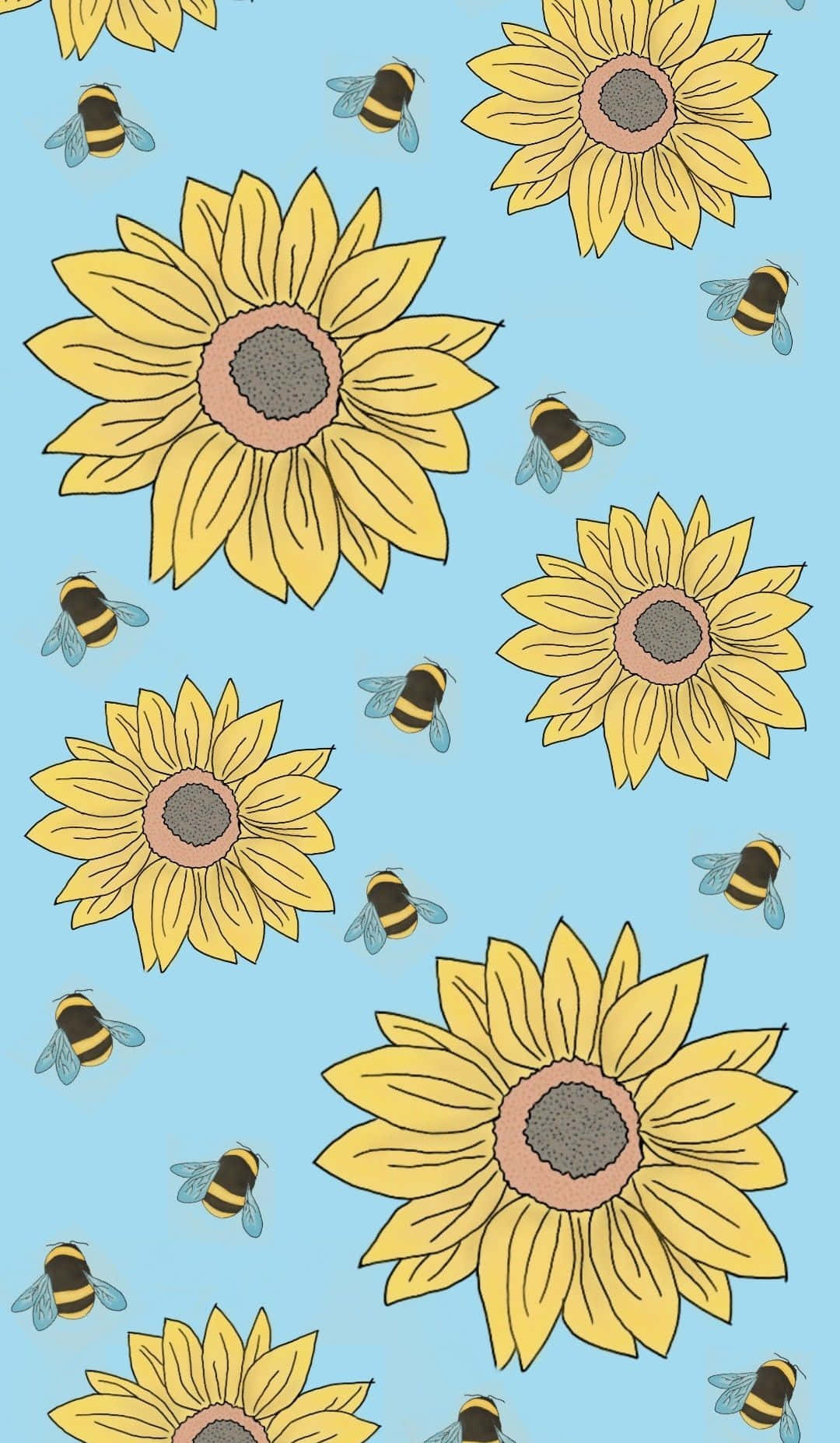 Sunflower Aesthetic iPhone 桌布 壁紙 — 鮮黃色的向日葵和嗡嗡作響的蜜蜂在柔和的藍天上漂浮，形成歡快的重複圖案。